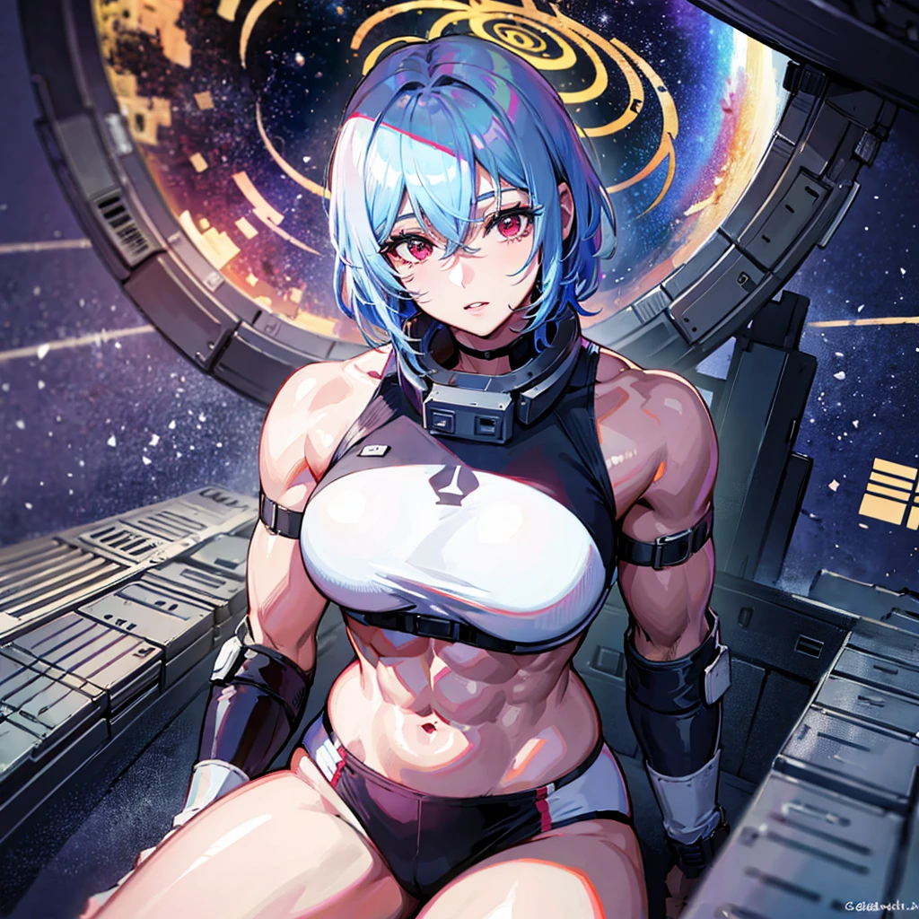 (((masterpiece、Highest image quality、highest quality、highly detailed unity 8kwallpaper)))、((Illustration of one girl))、(pilot)、(((blue silver short hair)))、Red eyes、((tall))、(((Muscle Girl、Muscular and strong body、abdominals、muscular and thick arms、muscular and thick legs、stocky build、muscular legs、broad shoulders))))、(((白いpilotスーツ)))、((manspreading、Sitting in the cockpit、armpit))、((space fighter cockpit、The Universe on the Monitor、Earth seen from space))