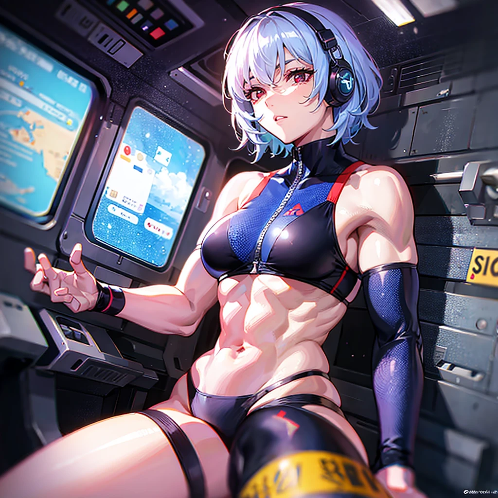 (((masterpiece、Highest image quality、highest quality、highly detailed unity 8kwallpaper)))、((Illustration of one girl))、(pilot)、(((blue silver short hair)))、Red eyes、((tall))、(((Muscle Girl、Muscular and strong body、abdominals、muscular and thick arms、muscular and thick legs、stocky build、muscular legs、broad shoulders))))、(((白いpilotスーツ)))、((manspreading、Sitting in the cockpit、armpit))、((space fighter cockpit、The Universe on the Monitor、Earth seen from space))