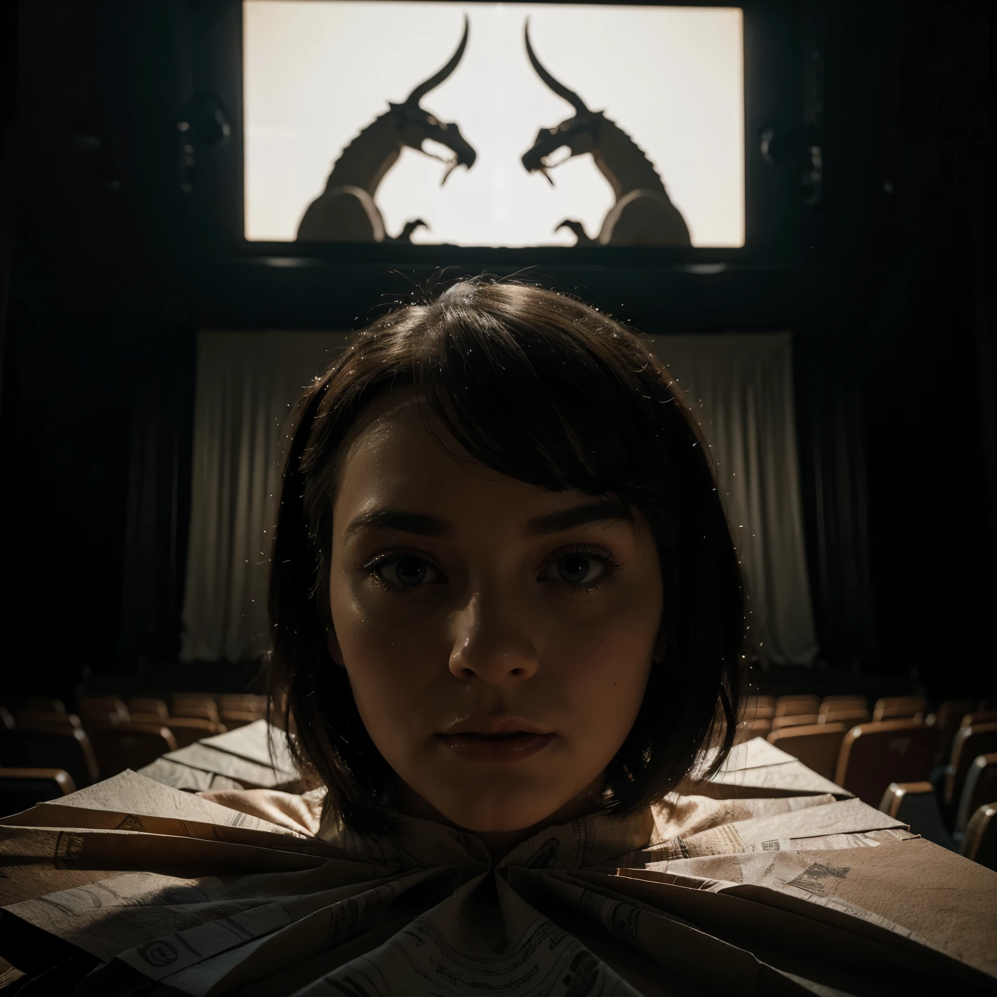Best quality,4k,8k,highres,masterpiece:1.2,ultra-detailed,realistic:1.37,in a classic 30s theater a paper kaiju puppet casts a menacing silhouette on the big screen,paper art,puppetry,artistic details,authentic vintage atmosphere,paper cut-out style,flickering black and white,gentle,soft lighting,vintage theater decor,popcorn,red velvet seats,detailed ornate architecture,distinctive art style,vivid colors,shadowy silhouette,expressionless puppet face,detailed texture of the paper,impressive stage presence,lifelike movements and gestures,compelling storytelling,atmospheric soundtrack,breathtaking cinematography