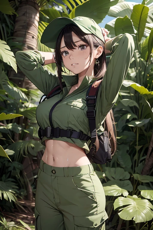 Girl, explorer, crop top Hiking outfit, showing navel, camera