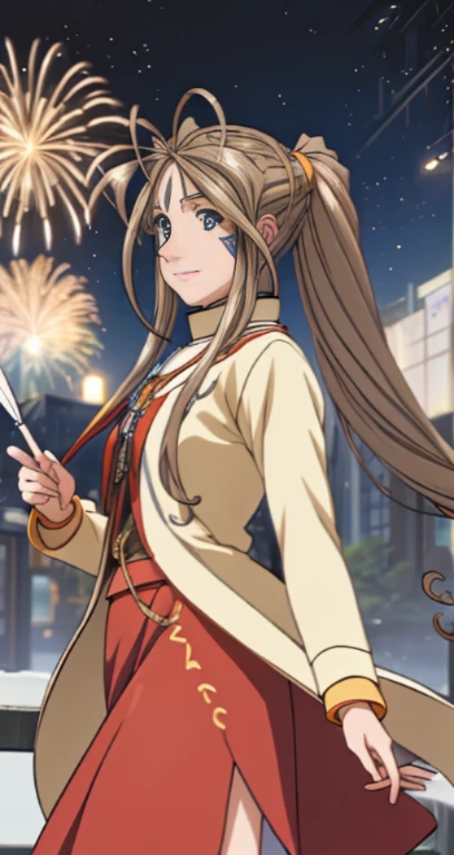 (Masterpiece), best quality, high resolution, Bell Dandy, long hair, blue eyes, brown hair, facial mark, Forehead marker, glove, Neck throttle, bracelet, rings, body hair, View from the side:0.6, (Forrest:1.1), stand, 25 years old, Happy new years, Fireworks fill the sky, nighttime, Sharp picture, Long skirt, Dark Sky, new year festival, smile