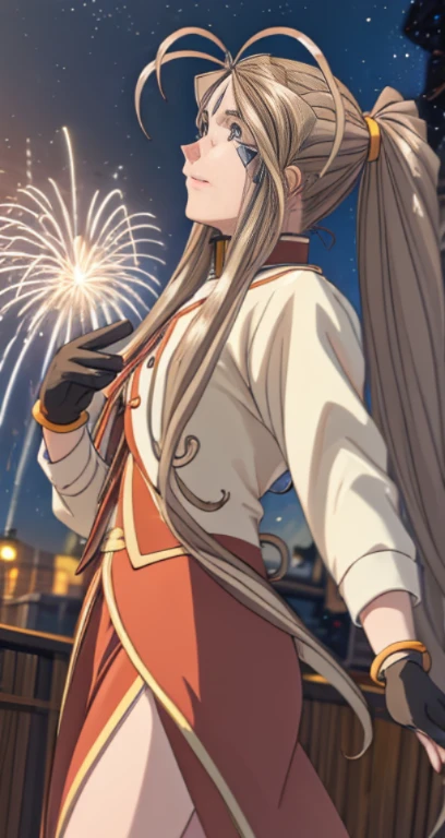 (Masterpiece), best quality, high resolution, Bell Dandy, long hair, blue eyes, brown hair, facial mark, Forehead marker, glove, Neck throttle, bracelet, rings, body hair, View from the side:0.6, (Forrest:1.1), stand, 25 years old, Happy new years, Fireworks fill the sky, nighttime, Sharp picture, Long skirt, Dark Sky, new year festival, smile