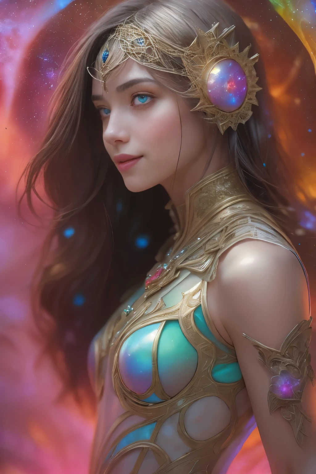 (1 beautiful teenage Italian girl:1.6), (She is smiling seductively and looking down at viewers:1.6), (wearing a detailed iridescent bodysuit with beautiful fractal or marble design:1.5), Incredible and spectacular scenes, ((High quality)), ((Detailed)), ((Fantasy)), Blue Plasma Brain, Green Plasma Body, Showing her armpits, beautiful breast, (small breasts with beautiful raised areolas:1.4), beautidfur tits, Photorealistic, Official art, Unity 8K Wall , 8K Portrait, Best Quality, Very high resolution, (Incredibly beautiful nature background:1.6), (18 years old:1.5), (Sexy and glamorous:1.1), (Model Posing:1.8), Beautiful seductive face, Portrait, (Thick eyebrows:1.4), (Big scarlet eyes:1.6), Beautiful eyes with fine symmetry, (Ultra detailed eyes:1.4),(Highly detailed face and eyes:1.7), (High-resolution hair:1.8), Intimate face, (ultra detailed skin texture:1.4), White skin, pale skin, Perfect Anatomy, Thin, (Beautiful toned body:1.5), Highly detailed hair, (Moist skin:1.2), No makeup, (dark circles:1.1), Good anatomy, Focus Face, good-looking, (Emilia Clark:0.6) (Emma watson:0.3),(Jennifer Connelly:0.4), Elegant face, (A delicately crafted necklace is wrapped around her neck), (Bioluminescence with brilliant brilliance:1.4), (Luminous magic circle:1.5), Ruins of an ancient castle, Shining majestic cloud masses and sky, lightning bolt, Epic Realistic, (Greg Rutkowski:0.8), (teal and orange:0.4), (Art Station:1.5), Cinematic, (NSFW:1.5), Hyper Detailed, Dramatic light, (Intricate details:1.1), Beautiful black hair, (Wearing a gauntlet with a dense and very beautiful design decorated with jewels:1.1), Galaxy, (nebulas:1.6), The Dark Knight, Fully armored body focus, vampire-like teeth