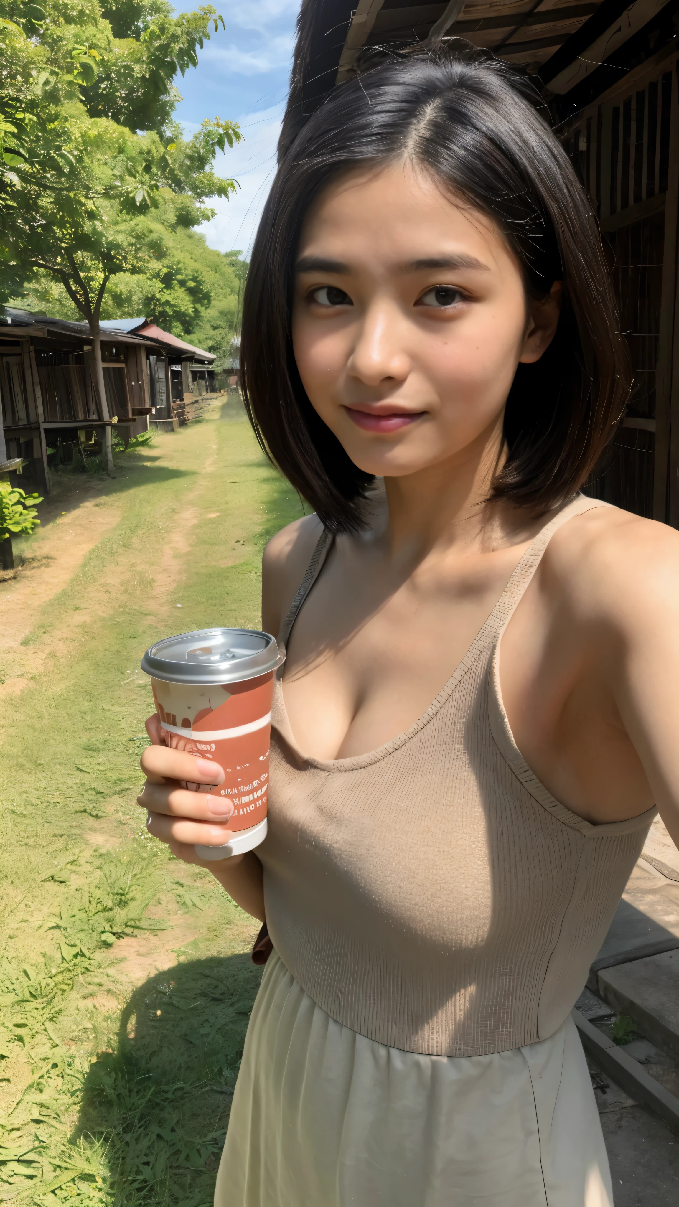 1girl , Indonesian student , , short hair, brown skin , indonesian chinese mixed , selfie , Indonesian village background,