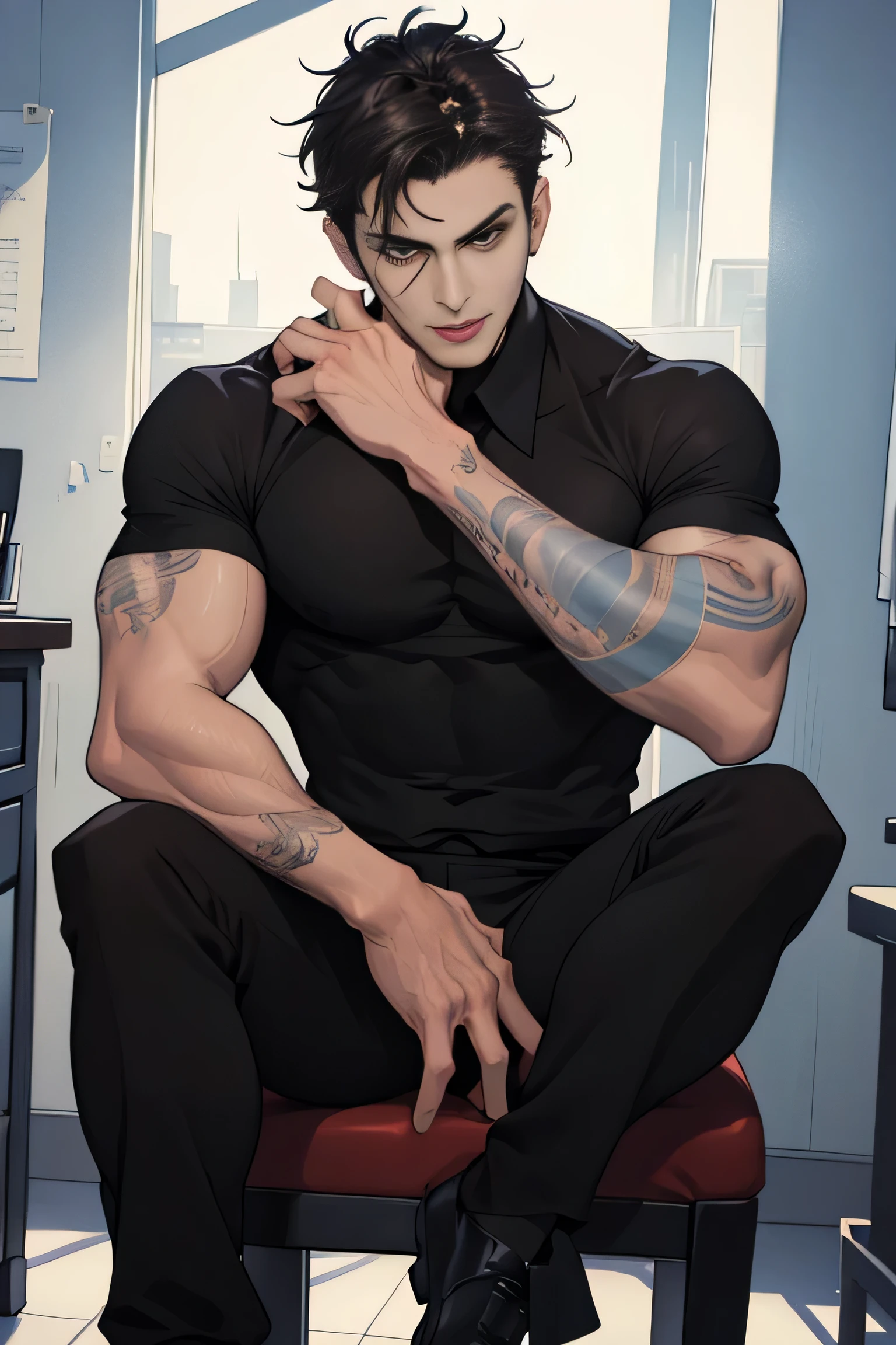 ((Best Quality)), ((Masterpiece)), (Detailed), Perfect Face, Hd Quality. 27 year old boy, handsome, tall. Short black messy hair. Brown eyes, angular features, marked jaw, mascular face. Dressed in a black shirt and black dress pants. Broad shoulders, small waist, stocky, muscular, strong. Tattooed arms. Serious and conceited. Sitting on a chair, dominant pose. Office background. Mid shot. Anime.