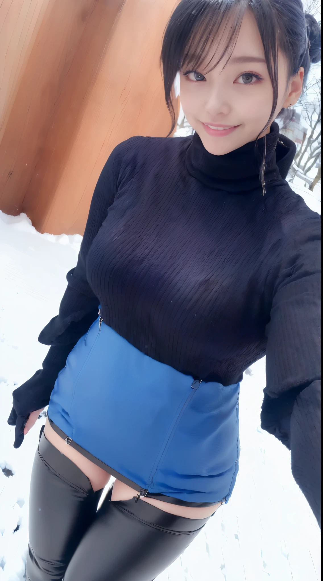 (In 8K、ultra high resolution、best quality、masuter piece、photorealistic、Ultra high definition)、(black turtleneck、Always wear a blue down jacket、Always wear a black micro miniskirt、Always look inside the skirt、share indirect write:1.28)(Always walk through snowy streets:1.1)japanese woman、cute smile、enamel boots