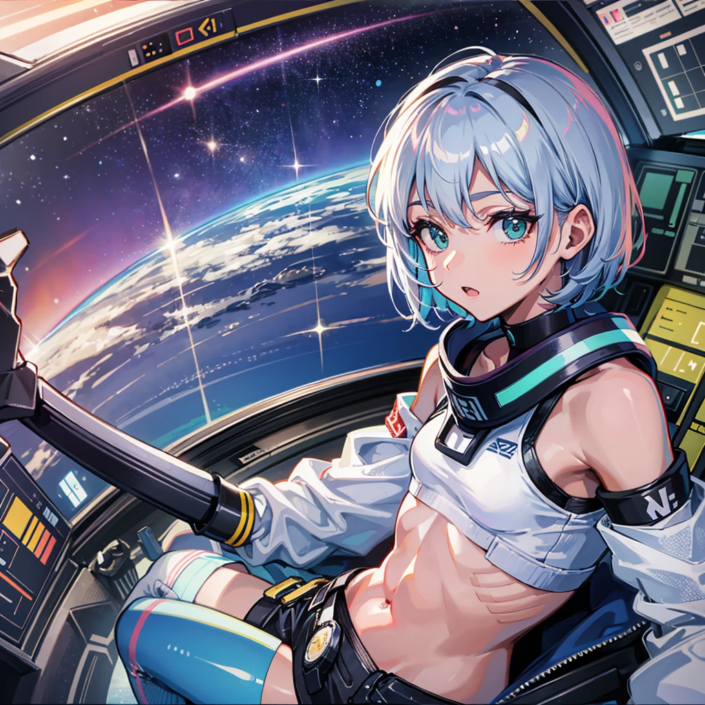 1girl in, Adult female space fighter pilot in cockpit of ship in mega detail suit, Sit with a stick、Recombined with detailed hyper control panel with dial, Buttons and levers, Cyberpunk visor, High-tech graphics throughout the costume, top-quality, ​masterpiece, sexy  pose, Perfect body flat chest, cute little, beatiful detailed eyes, shinny hair, visible through hair, hair between eye, USA Poster, red monochrome, USA Poster,,  long light blue hair with black eyes, girl with,tiny chest,space suits:orange_Clothing_Body:Jumpsuit), blanche_gloves, Space Boots, helmets, weightless, side lights, Reflectors、A person in a spacesuit is in the lower left corner of the photo.、Extend your right hand、The right hand gently touches the Salyut space station)、Space station in the upper right corner of the screen、Reflected light from the sun、Silvery metal、red flag、brilliance、diffuse reflection、metal texture、Far Blue Earth、 Mecha style、Starsea、High Profile、