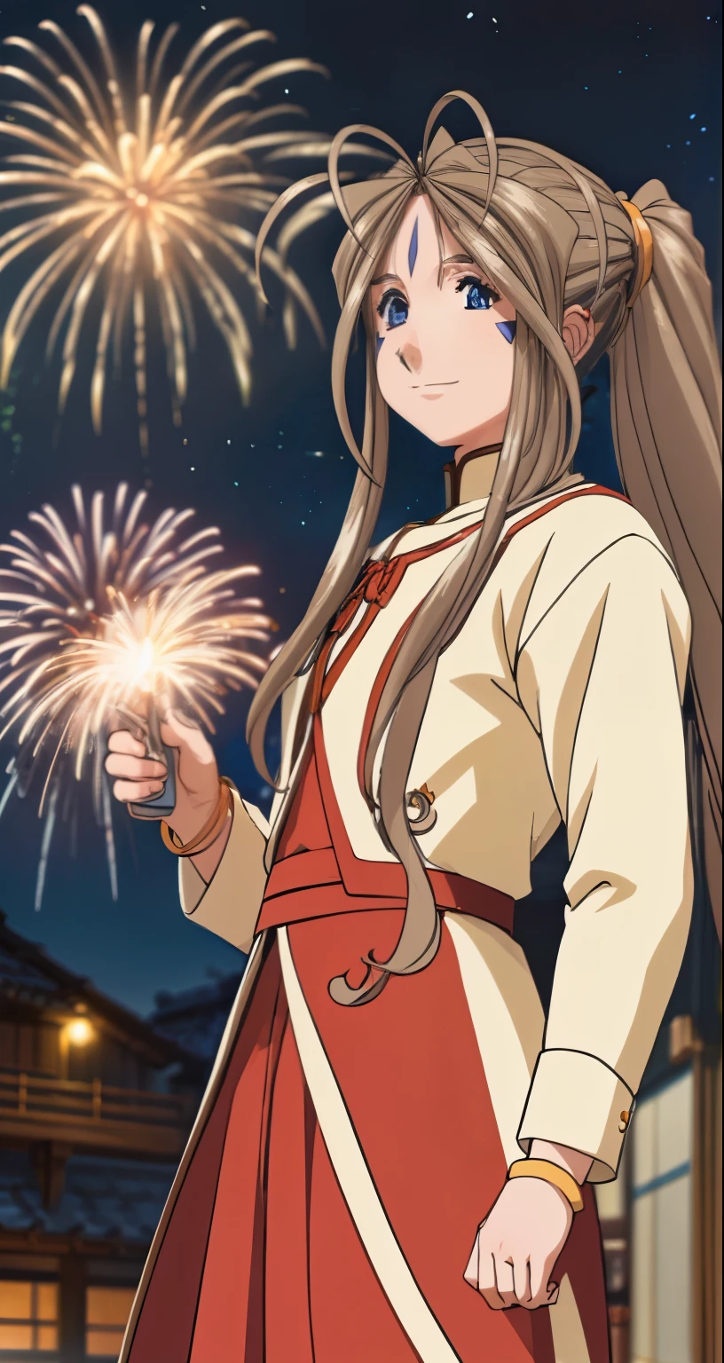 (Masterpiece), best quality, high resolution, Bell Dandy, long hair, blue eyes, brown hair, facial mark, Forehead marker, glove, Neck throttle, bracelet, rings, body hair, View from the side:0.6, (Forrest:1.1), stand, 25 years old, Happy new years, Fireworks fill the sky, nighttime, Sharp picture, Long skirt, Dark Sky, new year festival, smile