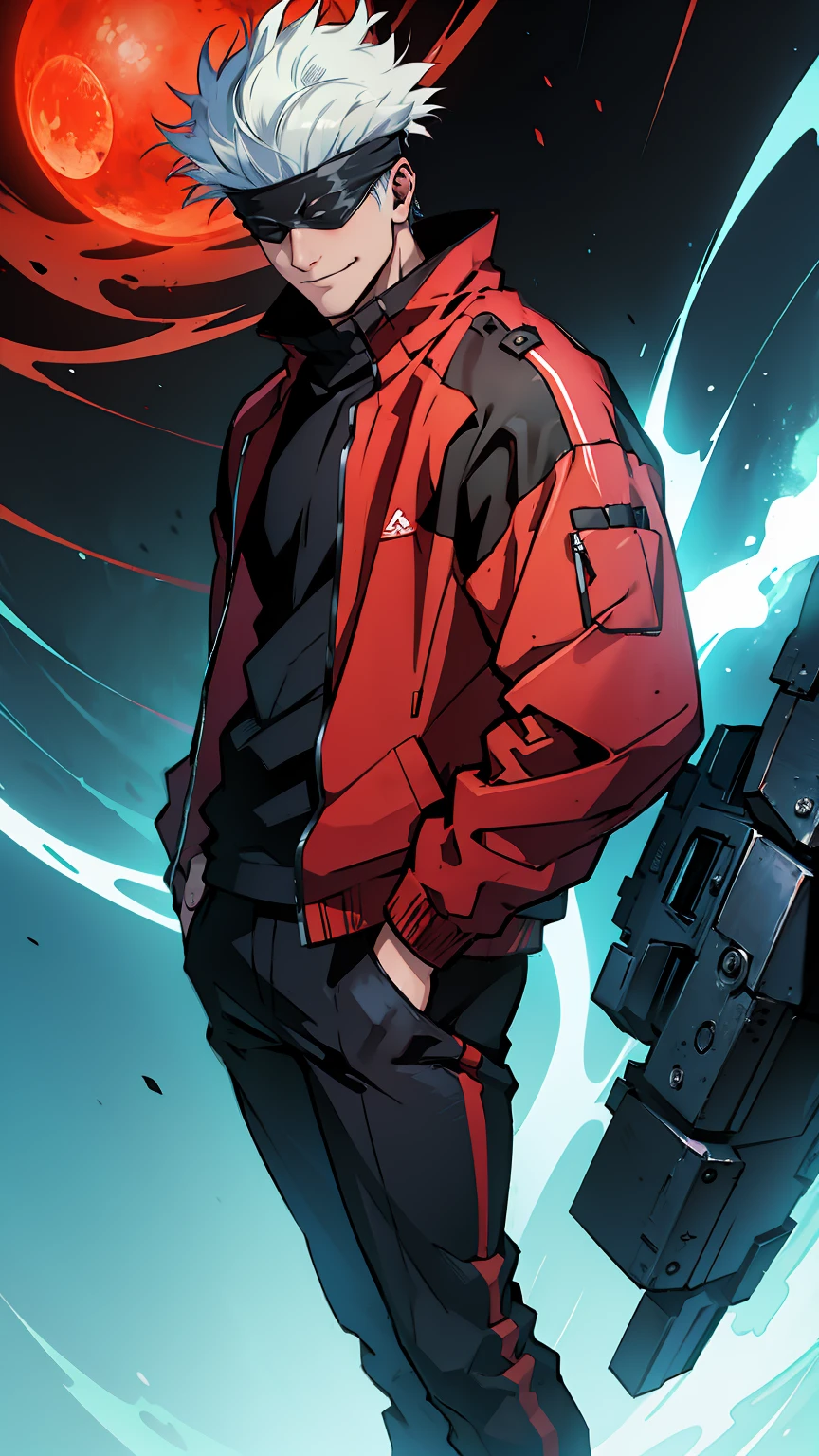 1boy, satoru gojo, blindfold, black outfit, white hair, standing, red energy ball on right hand,blue energy ball on left hand, smirk, red and blue energy background, wallpaper, cinematic,