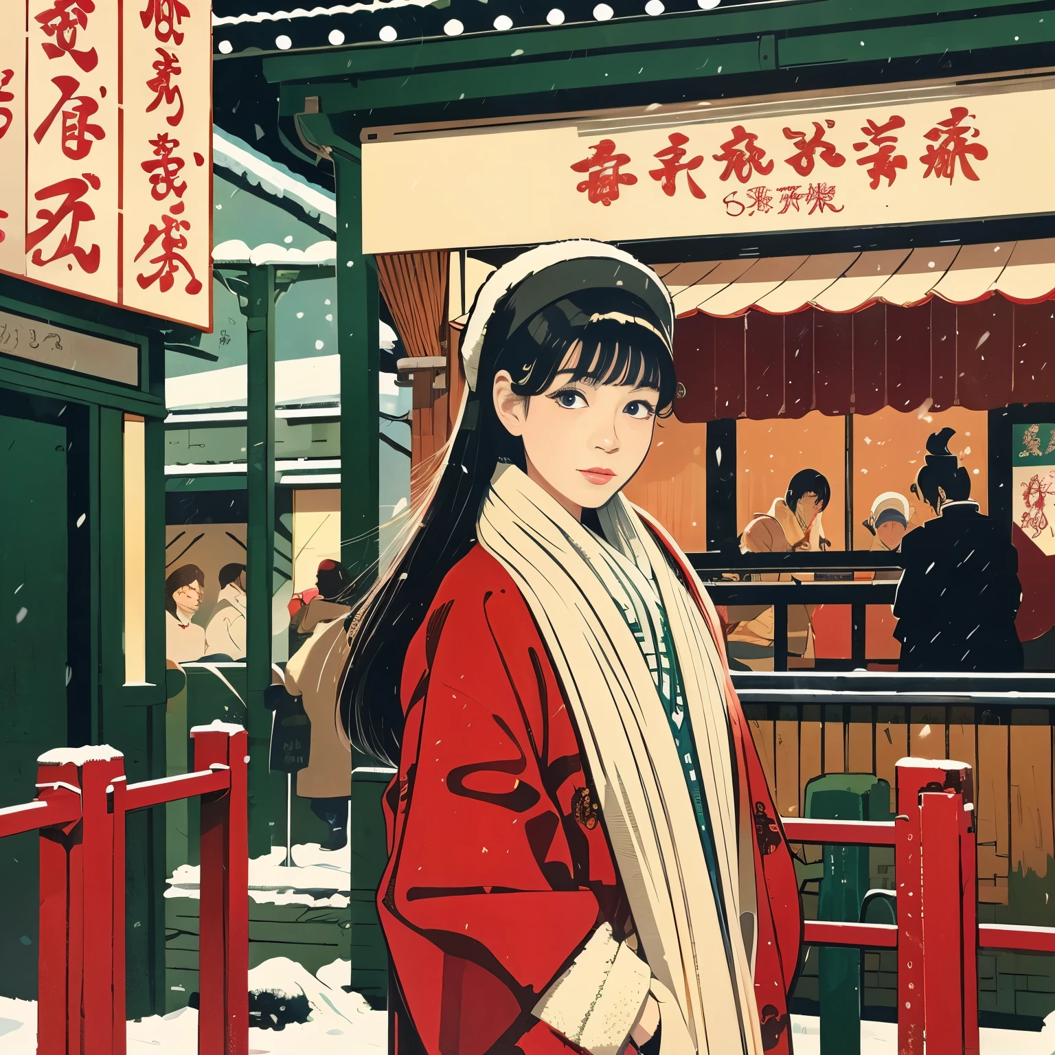 high resolution、Illustration style、Showa Anime、ukiyoe painting、((woman))、Tokyo、((fashion))、The background is a shrine、26 years old、Winters