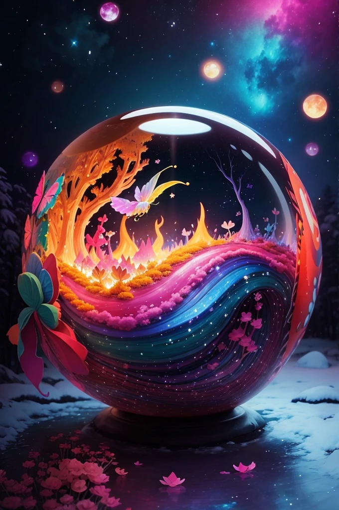 fairy wolrd,snow forest and colorfull mushroom,galaxy sky,lighting colorfull butterfly,big moon,blue river,Sakura,The burning sky slowly sinks into the bottom of the water, silver moonlight covers the earth, countless stars, and the end of the universe