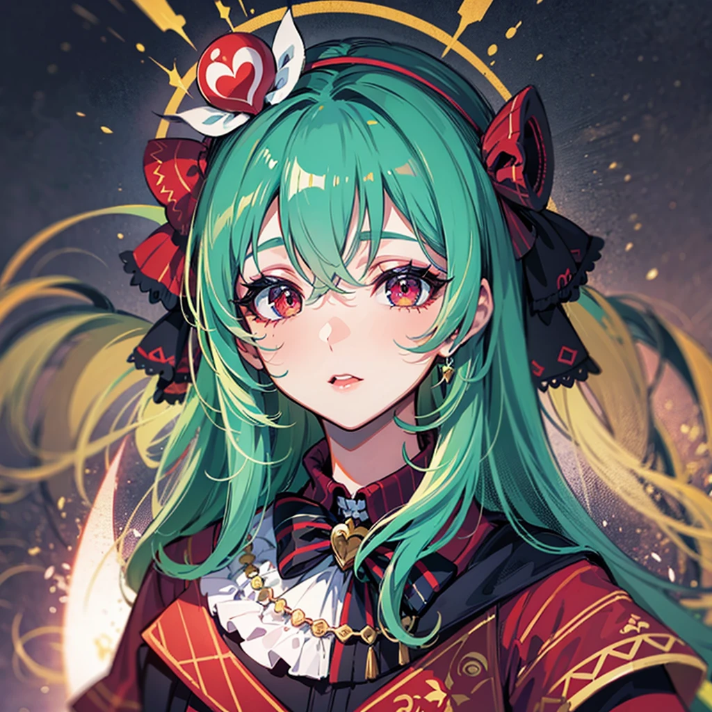 (((masterpiece、Highest image quality、highest quality、highly detailed unity 8kwallpaper)))、((Illustration of one girl))、(jester)、((emerald green long straight hair))、(((Super tall)))、Red eyes、(((face with white makeup、Blue eyeliner、Makeup with a heart symbol around the left eye)))、((tuxedo、silk hat、cloaks))、((Circus stage、spot light))
