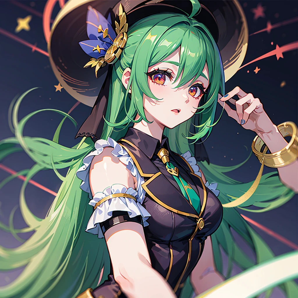 (((masterpiece、Top image quality、top-quality、highly detailed unity 8kwall-paper)))、((Illustration of one girl))、((emerald green long straight hair))、(((Super tall)))、(de pele branca)、Red eyes、Blue eyeliner、(((Makeup with a heart symbol around the left eye)))、((tuxedo、silk hat、cloaks))、jester、((Circus stage、spot light))
