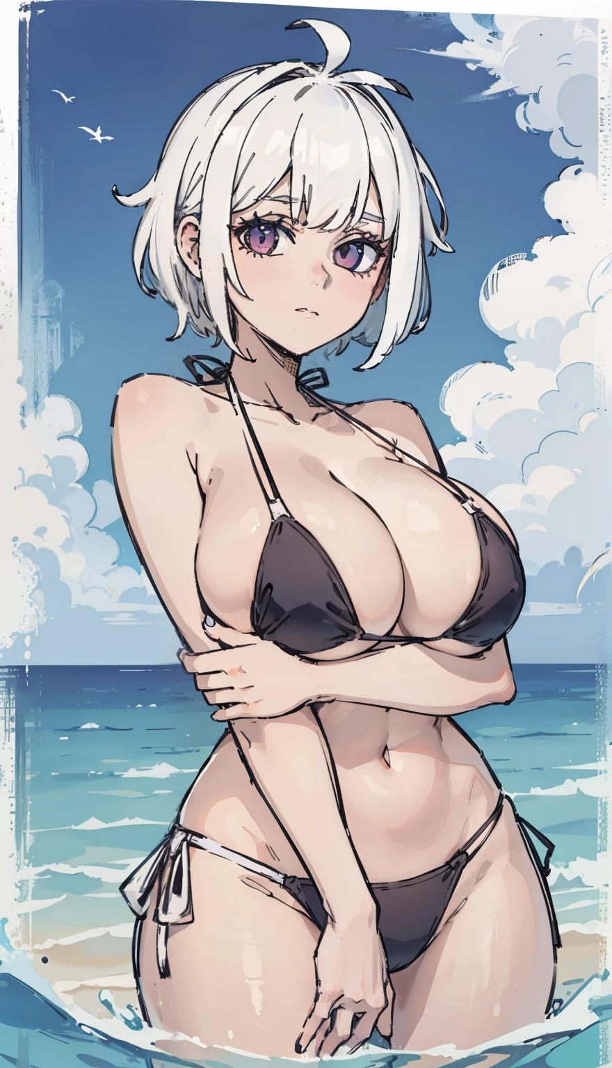 SFW, ((white hair)), (bikini), (((big breasts)))