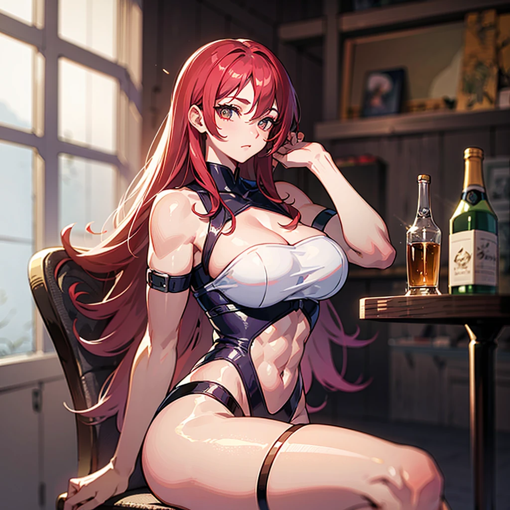 （（（masterpiece、Highest image quality、highest quality、highly detailed unity 8ｋwallpaper）））、（（（Illustration of one girl）））、（adventurer）、（（（neutral）））、cool、（（Long hair with red hair））、Golden eyes、（（tall））、（（（Muscular and strong body）））、（（（Muscle Girl、Muscular and strong body、Split abs、muscular and thick arms、muscular and thick thighs）））、（（（manspreading、Sitting on a chair）））、（（（Clothing in the style of the Middle Ages、adventurer風の服、adventurer風の装備）））、（Medieval tavern、Liquor bottle on the table）
