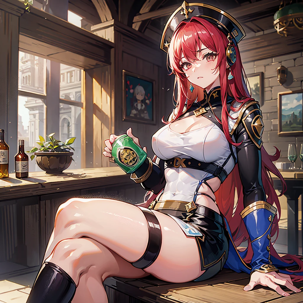 (((masterpiece、Highest image quality、highest quality、highly detailed unity 8kwallpaper)))、(((Illustration of one girl)))、(adventurer)、(((neutral)))、cool、((Long hair with red hair))、Golden eyes、((tall))、(((Muscular and strong body)))、(((Muscle Girl、Muscular and strong body、Split abs、muscular and thick arms、muscular and thick thighs)))、(((manspreading、Sitting on a chair)))、(((Clothing in the style of the Middle Ages、adventurer風の服、adventurer風の装備)))、(Medieval tavern、Liquor bottle on the table)