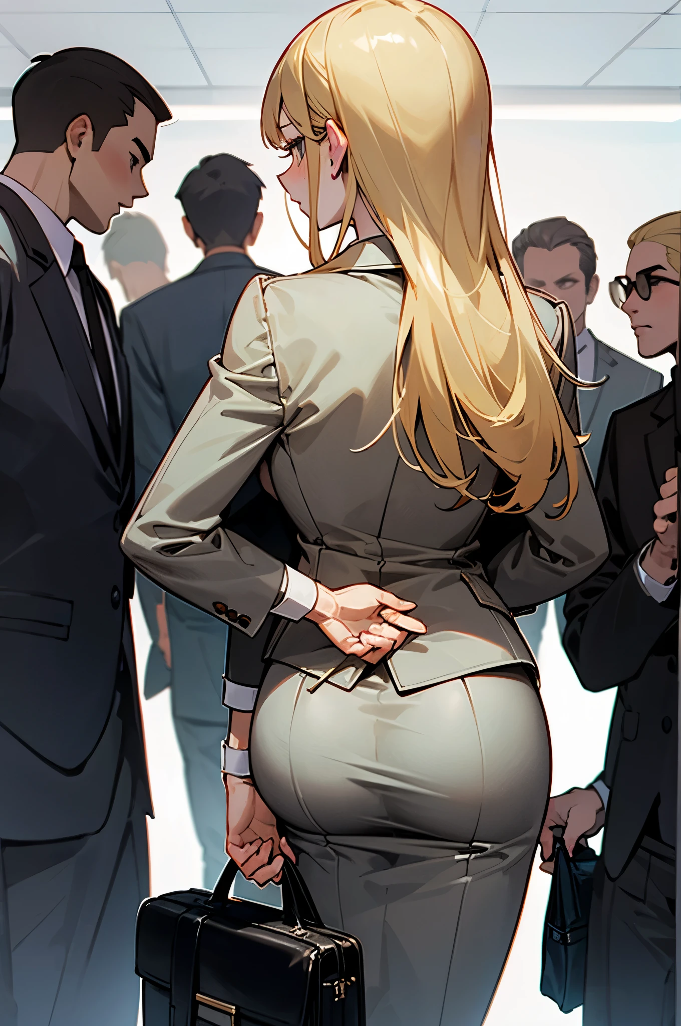 (career woman with gray suit and gray skirt).lower body.(back view:1.5).hot standing. in the train.(close up hip).,.intimate moment.surrounded by men. (4+men with suit:1.5)...(head out of frame:1.2).hip.bottom.night.adult woman with skirt.suit.,,masterpiece. high quality.,anatomically correct.,,(business bag:1.5).another hand.(very crowded).career woman is blonde hair.(pull up skirt:1.2),(grabbed ass by another hands:1.5)(having sex)