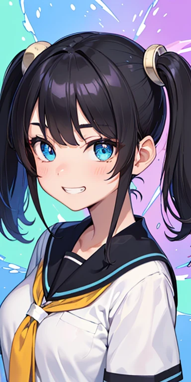 baby face, (colorful fluorescence multicolored  hair:1.5,short twintails:1.5,messy hair), (masterpiece, sidelights, exquisite beautiful eyes: 1.5), masterpiece*portrait, realistic, {(Colorful splash background of different colors:1.5)},colorful,3D face,(cute face),front view: 1.6、 (glowing blue eyes:1.2),plump face:1.5,(tareme:1.5)、(grin:1.2),Rosy Mouth,Slim Body, shiny hair, shiny skin: 1.5、medium breasts,、solo,(stand)、(high school girl,black color school uniform)、(charactor focus:1.5、portlate:1.5、upper body),(My eyes are sparkling:1.3)