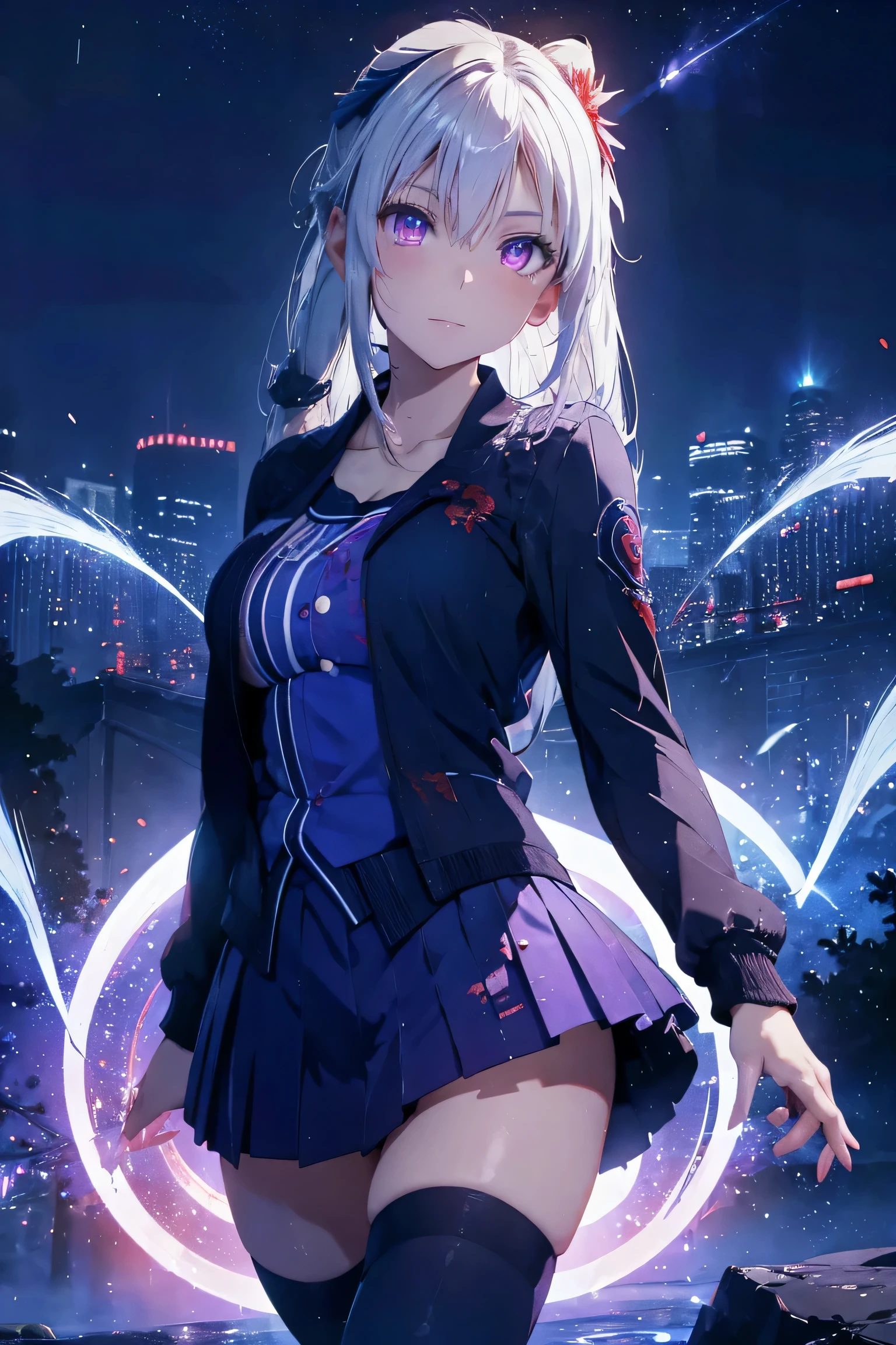 1girl, japanese clothes, ponytail ,white hair, purple eyes, magic circle, blue fire, blue flames, wallpaper, landscape, blood, blood splatter, depth of field, night, light particles, light rays, sidelighting, thighs, fate \(series\), genshin impact, ****, open jacket, skirt, thighhighs, cloud
