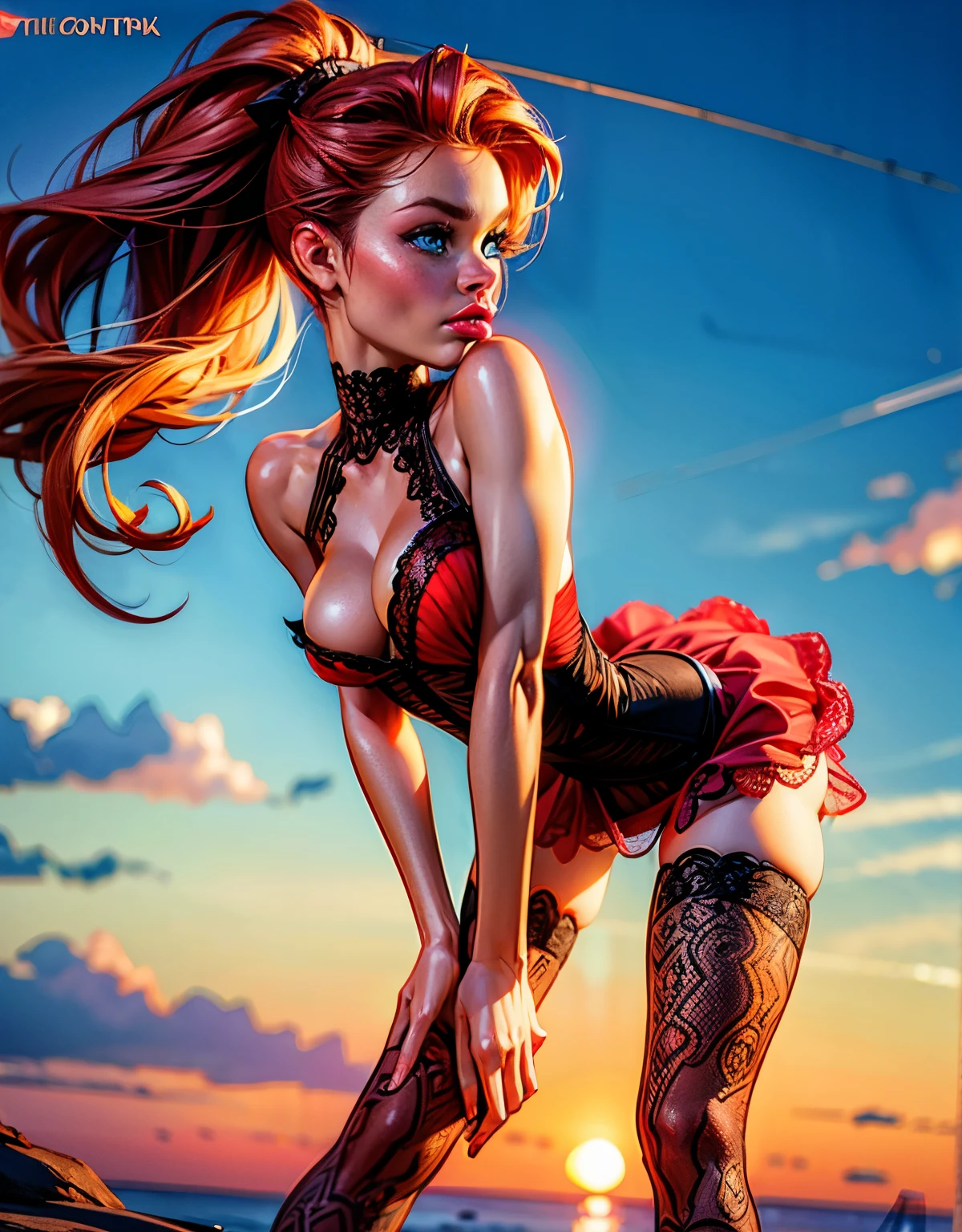 low angle photo of a gorgeous, 38 year old woman, blue eyes, milf, healthy skinny,short, clean skin texture, small, big lips, little noose, sexy, wearing, red lace dress and black corset, (red long hair in ponytail), redhead, ginger hair, insanely detailed eyes, little boops, tiny boops, small tits, small perky breasts(perky breasts), perky, skinny, 2/3 body crop, 8 mm art lens, f 1. 1, sharp focus, 8 k high definition, insanely detailed, photorealistic, big shoulder, little neck, long lash, full lips, big lower lip, pink lips, firm breast, firm pushup, push up, firm chest, posing outside in the sunset, fullbody image, full-body, whole body