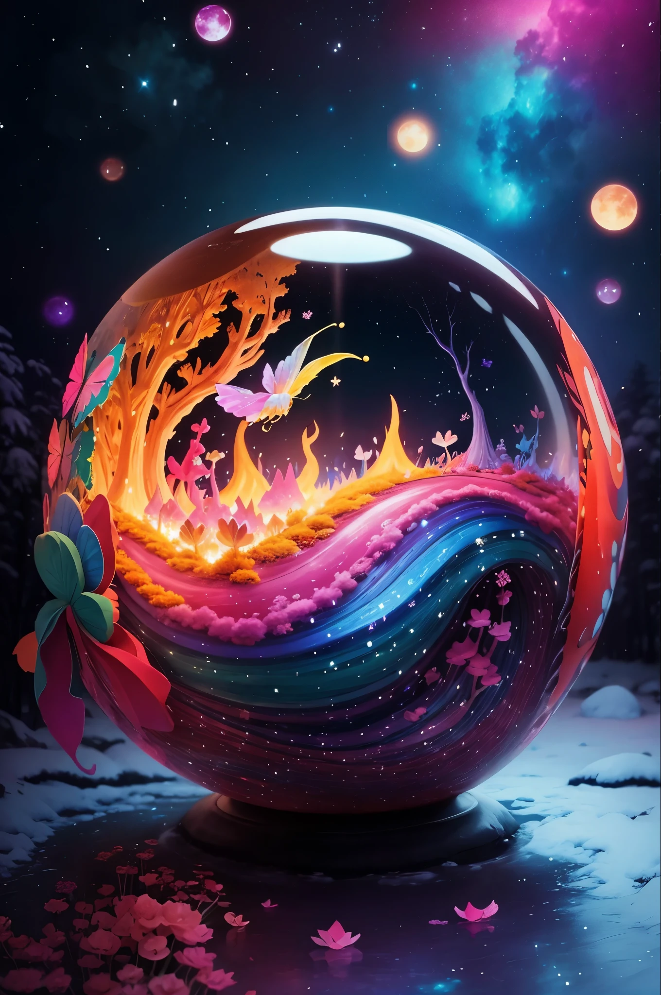fairy wolrd,snow forest and colorfull mushroom,galaxy sky,lighting colorfull butterfly,big moon,blue river,Sakura,The burning sky slowly sinks into the bottom of the water, silver moonlight covers the earth, countless stars, and the end of the universe