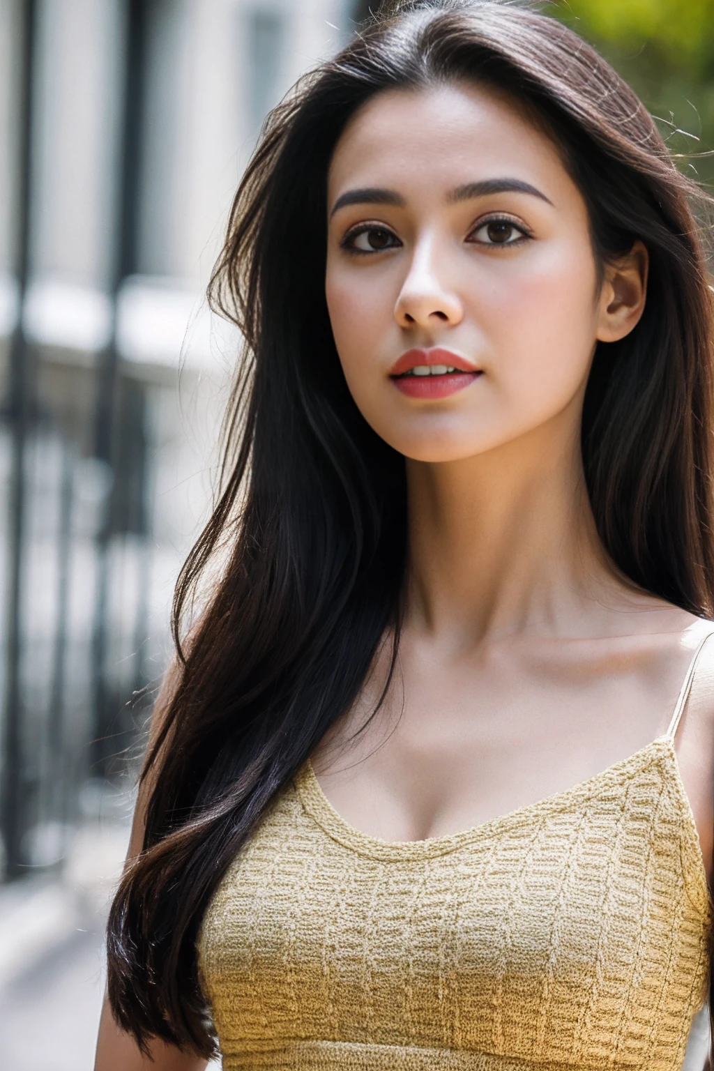 highres,realistic,ultra detailed,portrait,young,beautiful, Indian,girl,20 years old,big eyes,detailed facial features,long eyelashes,sharp beautiful nose,wavy black hair,natural makeup,fashionable attire,vivid colors,soft lighting,warm tones,rich skin texture,subtle shadows,natural environment,complete body picture,ripped jeans,tank top,sneakers,glowing,dramatic pose, walking on street,strong pose,resilient facial expression, ultra-detailed background,cleavage