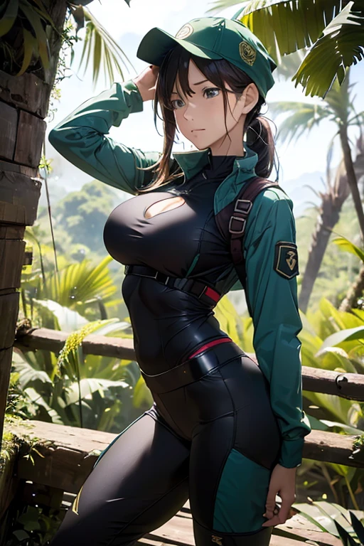 (8K), (best quality), (masutepiece: 1.2)　　Sexy adventurer woman moving through the jungle　（Exploration uniform with long sleeves and long pants）sweaty　painful expression　hat　Looking to the side　Moderate breasts