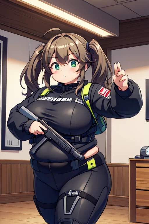 Slightly Chubby tactical girl, (bodysuit): 1.4, fat rolls, medium length brown hair, (twintails): 1.2, ahoge, solid white bodysuit, green eyes, slightly pudgy, action pose, holding sniper rifle