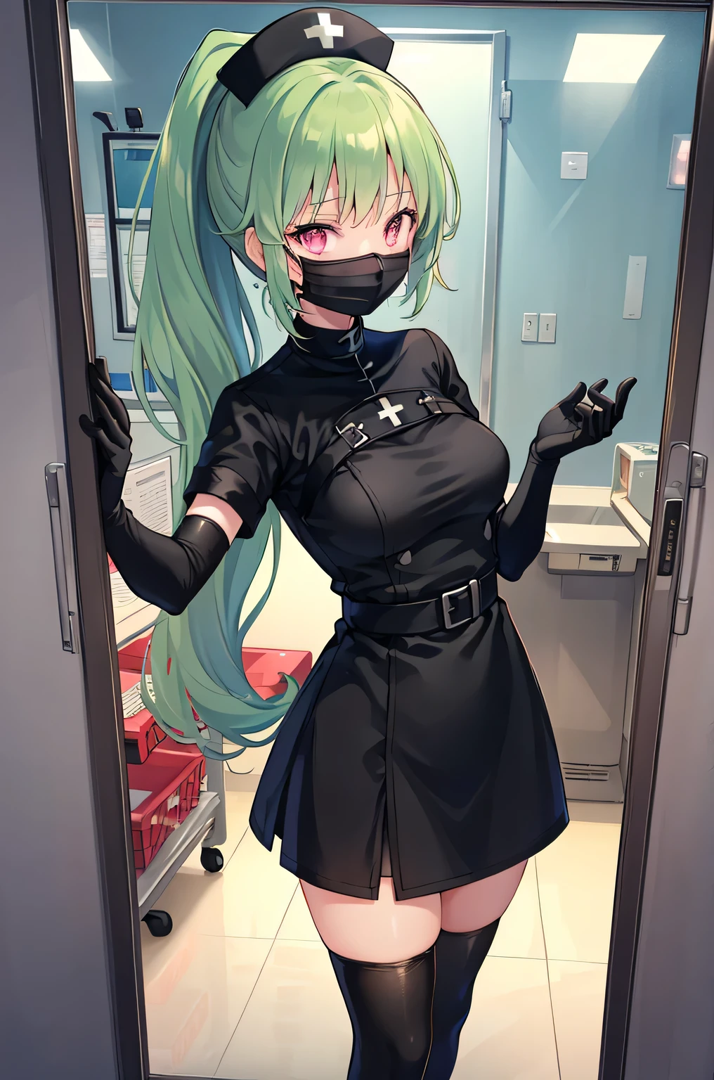 black nurse, 1girl, solo, black nurse cap, black nurse uniform, ((black legwear, zettai ryouiki)), black elbow gloves, ponytail, green hair, pink eyes, ((black surgical mask, covered nose)), standing, ((surgery room)), sharp outline, short sleeves, best quality, masterpiece