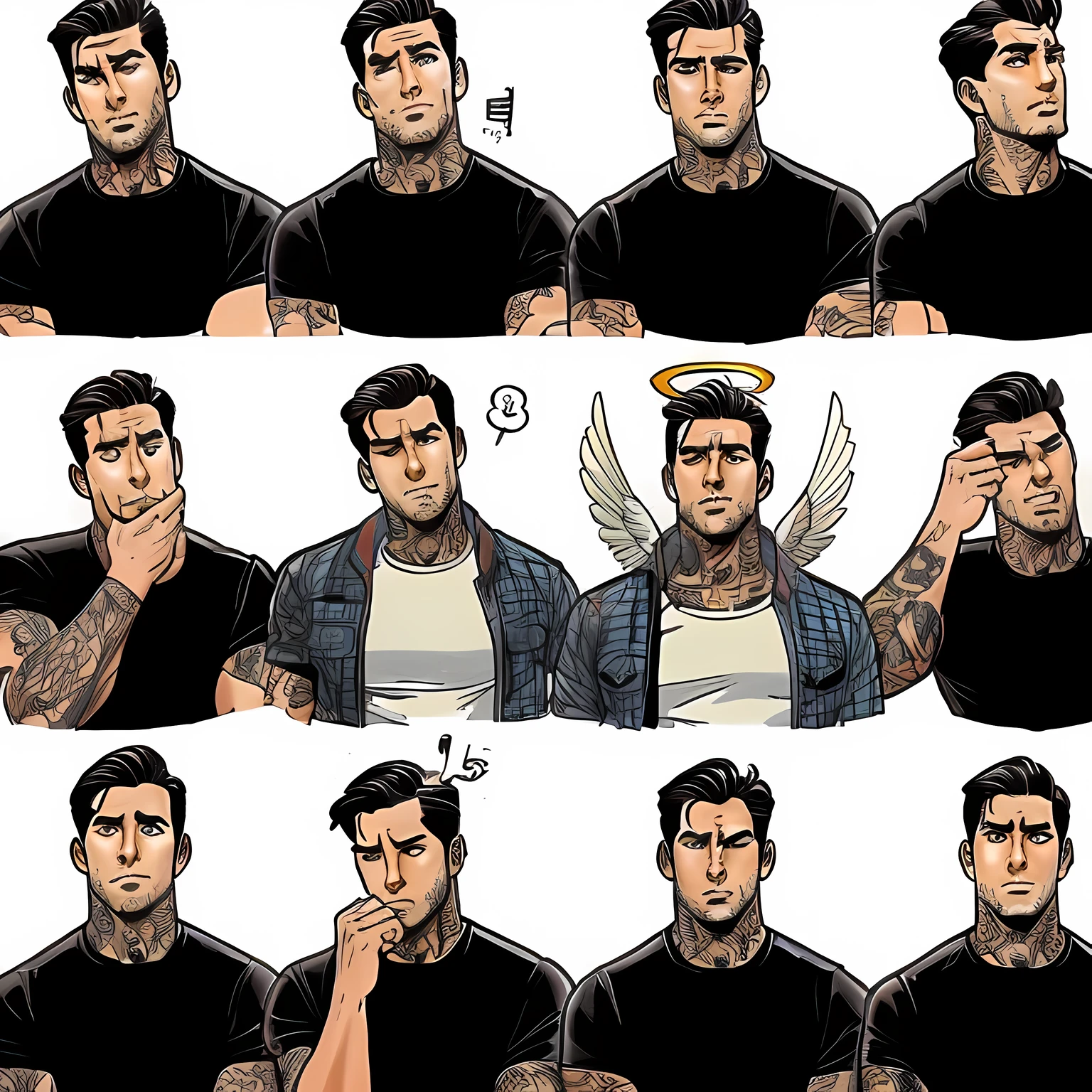 a close up of a cartoon of a man with many different expressions, archie comic style, comic styled, epic comic book style, comic character design, comic drawing style, john romita senior, comic artstyle, male character design, joe chiodo, comic book art style, comic art style, frank cho, graphic artist davi blight