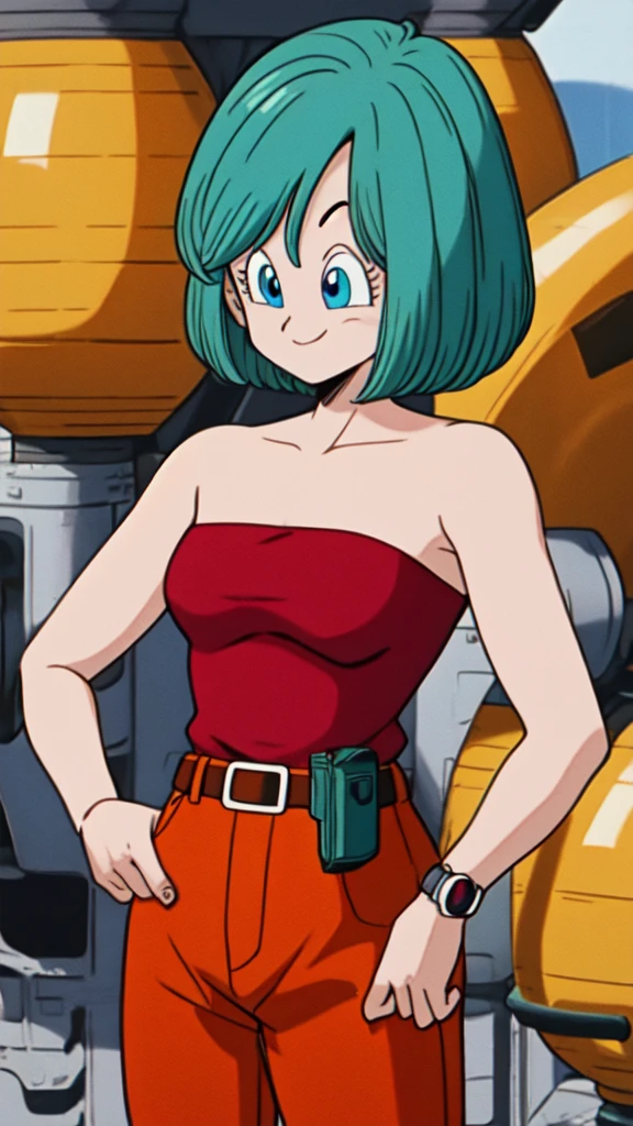 ((extremely detailed CG unity 4k wallpaper)),(masterpiece),(ultra quality),(ultra-detailed),(best illustration),(best shadow),(Extremely Detailed),(absurdres),(detailed background), Bulma, 1girl, solo, blue eyes, closed mouth, smile, pants, wristwatch, belt, bare shoulders, bare arms, strapless red shirt, hand on hip, green hair, short hair, straight hair, red pants, breasts
