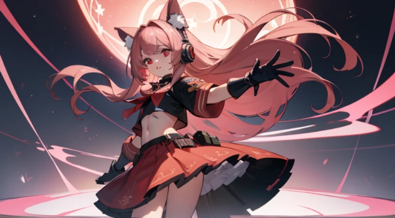 ((masterpiece, best quality)), Detailed face, character table, whole body, full of details, virtual anchor, Very detailed, depth, many parts, 1 girl, girl in skirt and headphones, :3, long hair, Bangs, gradient hair, brown hair,pink hair tips, black crop top, red skirt, Gloves, stockings, black collar, red eyes, Star (symbol), symbol-shaped pupils