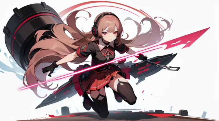 (best quality,highres,masterpiece:1.2),detailed face,unique character design,full body,detailed artwork, virtual streamer,extremely detailed,depth,many parts,1 girl,girl with skirt and headphones,:3,long hair,fringe,graduated hair,brown hair,pink hair tips,short black top,red skirt,gloves,stockings,black collar,red eyes,symbolic star-shaped pupils