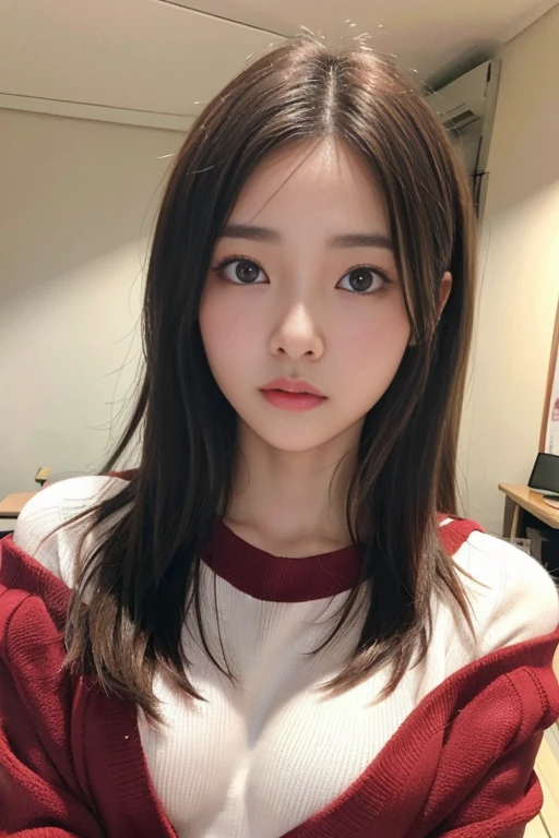 Random pose、top quality、Super high resolution、(Fotorealistisch:1.5)、1 Japanese girl、roter Pullover、(braune Haare:1.2)、(huge-breasted:1.2)、Classroom、Betrachter betrachten、eine Nahaufnahme、Full body Esbian、Fiese Augen