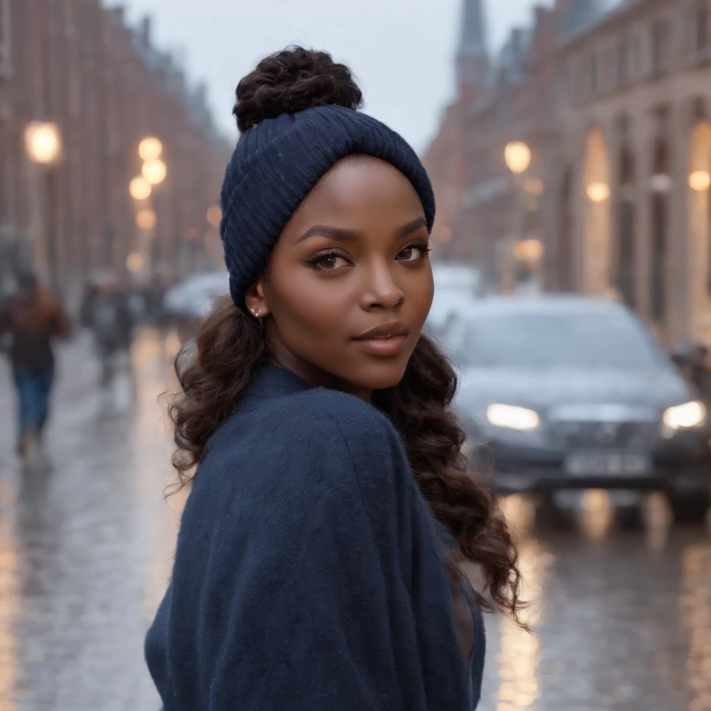 ((Dark African skin, Very deep ebony skin)), ((Its beauty undeniable)), ((Excited cute face)), ((Hyper detailed perfect eyes,)), ((pose mignonne)), ((Langue sortie)), ((Seductive )), sexy, ((beanie, Double-breatsed winter mantel, pantalon, heels)), ((Afro ponytail with long African curly hair, mascara, lipstick)), ((debout, vue de face)), ((toucher ses propres jambes dans une pose sexy)), ((The Hague, rain, storm, Ville publique, people in the background)), Sharp Focus CGI, photoreallistic, High detail, Realstic, Masterpiece, absurdes, Best quality, Hdr, High quality, high-definition, Extremely detailed, 8k wallpaper, Intricate details, 8K UHD, Full-HD, (photo realist:1.2), contraste, intense illumination, lighting cinematic, natural lighting, veilleuse, Nuit, Illumination globale, a la piscine African women、Female sexy、