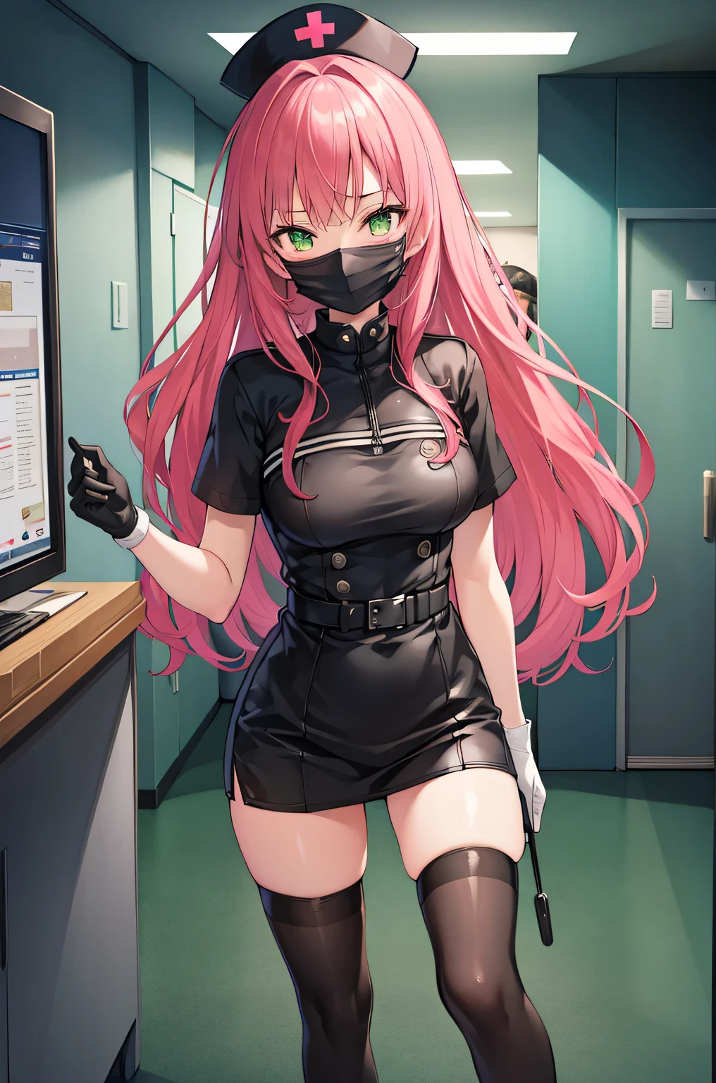 black nurse, 1girl, solo, black nurse cap, black wear, ((black legwear, zettai ryouiki)), black elbow gloves, pink hair, green eyes, drooping eyes, ((black surgical mask, covered nose)), standing, ((surgery room)), sharp outline, short sleeves, best quality, masterpiece