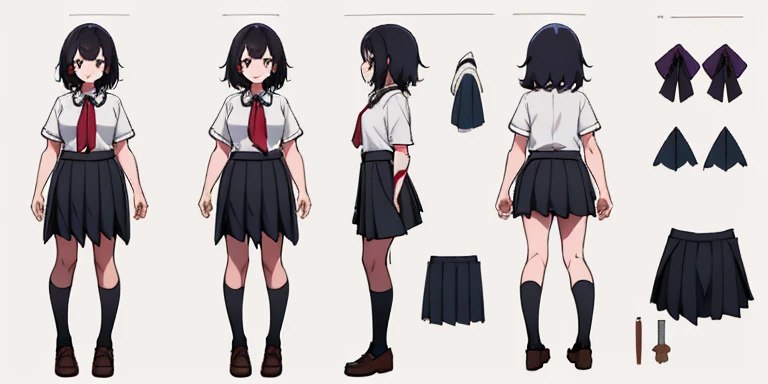 ****ung girls, character table, concept art, whole body, (masterpiece:1.2), (best quality:1.3), 1 girl, permanent, pleatedskirt, black school uniform