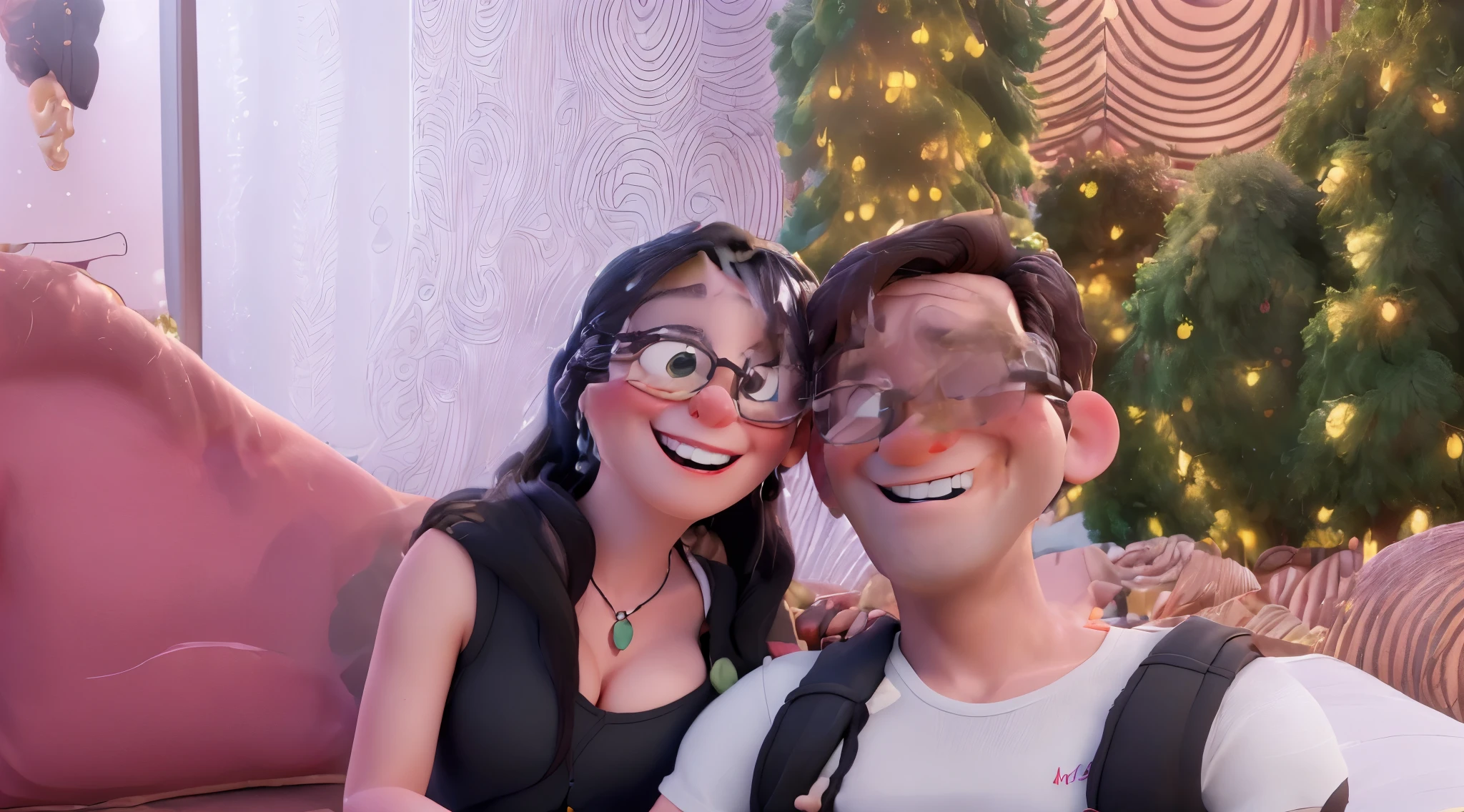 An illustration of an adorable couple, Highlights include a smiling white man and a brunette woman with glasses and beautiful expressive eyes - the man's skin is white and the man's hair has, while the woman's skin is black and the woman's hair is straight and brown. They are a bright room, cada um com um sorriso no rosto, e compartilhar um momento especial caracterizado pelo amor, Insights. Illustrate this scene from a perspective where they are facing the camera, Smiling and showing your connection. Desenvolva esta arte em Full HD, Focus on your cinematic flair, Estilo Disney Pixar Animations