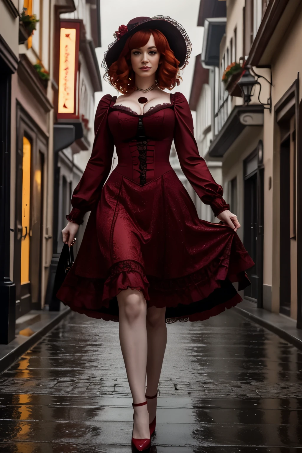 christina hendricks wearing a red laced dress, (perfect face), walking across a gothic german street, film noir, full body shot, raining,