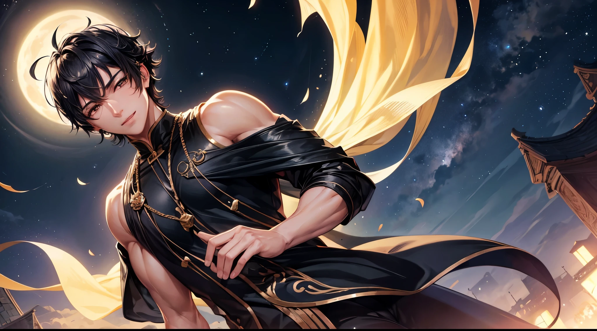 (high resolution, 8k), ( male:1.2), black short hair, hazelnut eyes, beautiful detailed black eyes, confident smile, confident gaze, moonlit night, anime style, calm evening, glowing stars, tranquil atmosphere, gentle breeze, elegant posture, stylish clothing, mysterious background, vibrant colors, dynamic lighting