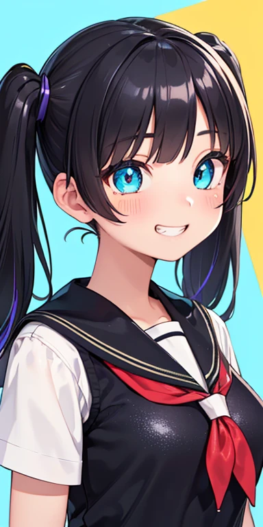 baby face, (colorful fluorescence multicolored  hair:1.5,short twintails:1.5,messy hair), (masterpiece, sidelights, exquisite beautiful eyes: 1.5), masterpiece*portrait, realistic, {(Colorful splash background of different colors:1.5)},colorful,3D face,(cute face),front view: 1.6、 (glowing blue eyes:1.2),plump face:1.5,(tareme:1.5)、(grin:1.2),Rosy Mouth,Slim Body, shiny hair, shiny skin: 1.5、medium breasts,、solo,(stand)、(high school girl,school uniform)、(charactor focus:1.5、portlate:1.5、eye focus:1.5,upper body),star-shaped pupils,(My eyes are sparkling:1.5)