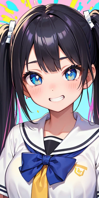 baby face, (colorful fluorescence multicolored  hair:1.5,short twintails:1.5,messy hair), (masterpiece, sidelights, exquisite beautiful eyes: 1.5), masterpiece*portrait, realistic, {(Colorful splash background of different colors:1.5)},colorful,3D face,(cute face),front view: 1.6、 (glowing blue eyes:1.2),plump face:1.5,(tareme:1.5)、(grin:1.2),Rosy Mouth,Slim Body, shiny hair, shiny skin: 1.5、medium breasts,、solo,(stand)、(high school girl,school uniform)、(charactor focus:1.5、portlate:1.5、eye focus,upper body),(My eyes are sparkling:1.5)