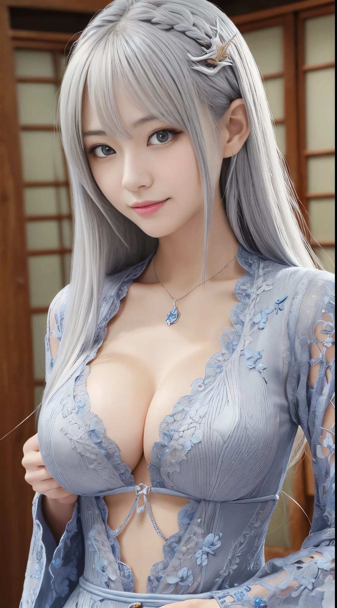 Beautiful woman、cleavage、日本の新年のdragonの刺繍の着物、dragon、Silver Hair、Holding the chest with the arms