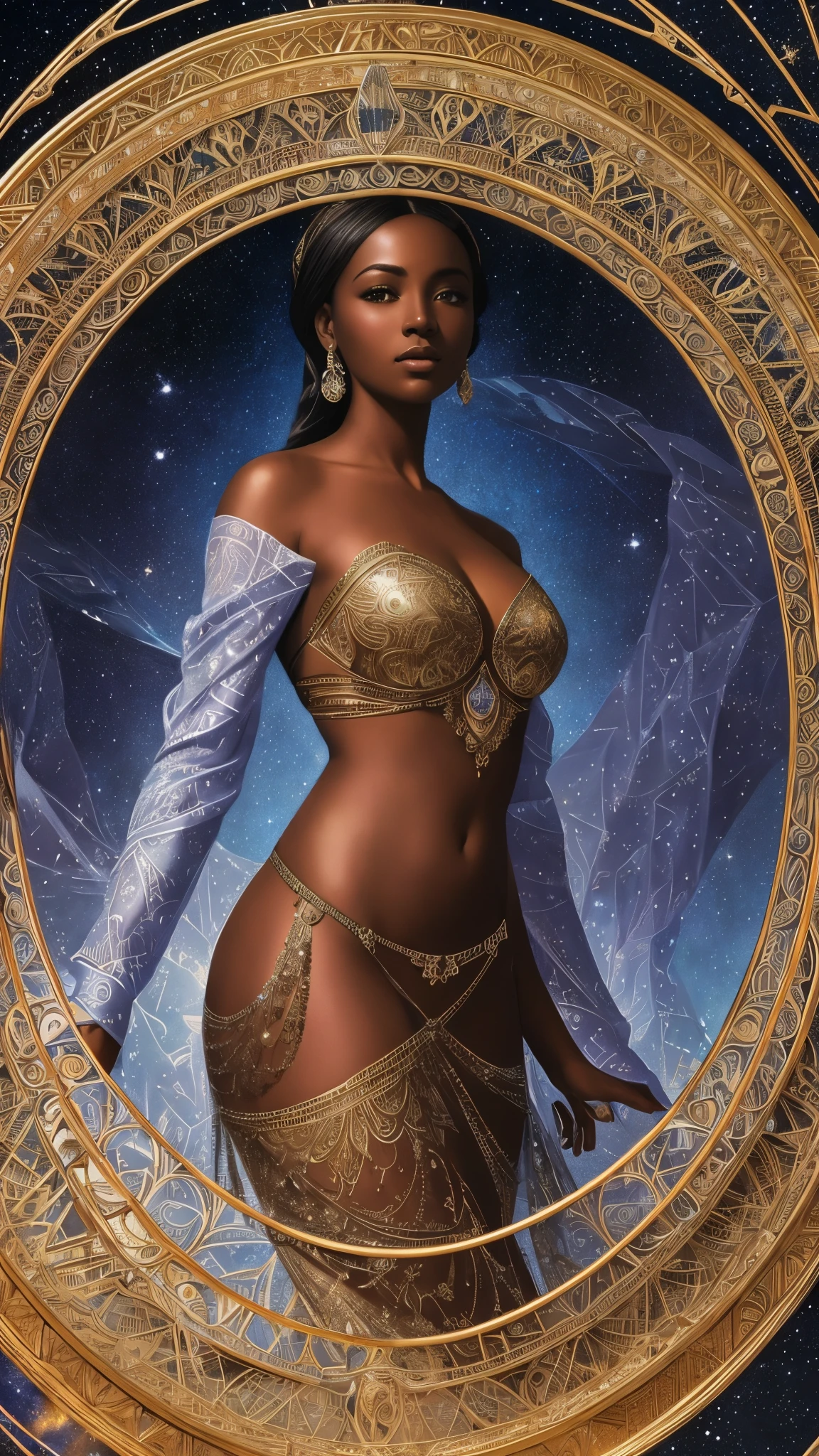 Pino Daeni, (1golden filigree clock), ((beautiful black Ethiopian woman ))clear defined facial features, soft black hair, stunning brown eyes, attractive hourglass figure, fitted blue sheer wrap dress, celestial, astrotraveler, painted illustrations, (((dark cinnamon brown skintone))), sparkling stars in a dark blue galaxy, ornate masterpiece, Korean comic realism, cinematic, crystallography by Friedrich Haag, medium camera shot, high angle, tessellation by Maurits Cornelis Escher, zodiak, intricate details, depth of field, by Kay Nielsen, Diane Dillon, Julie de Graag, vibrant night sky colors, nightcore, femme fatale, 16K, best quality 