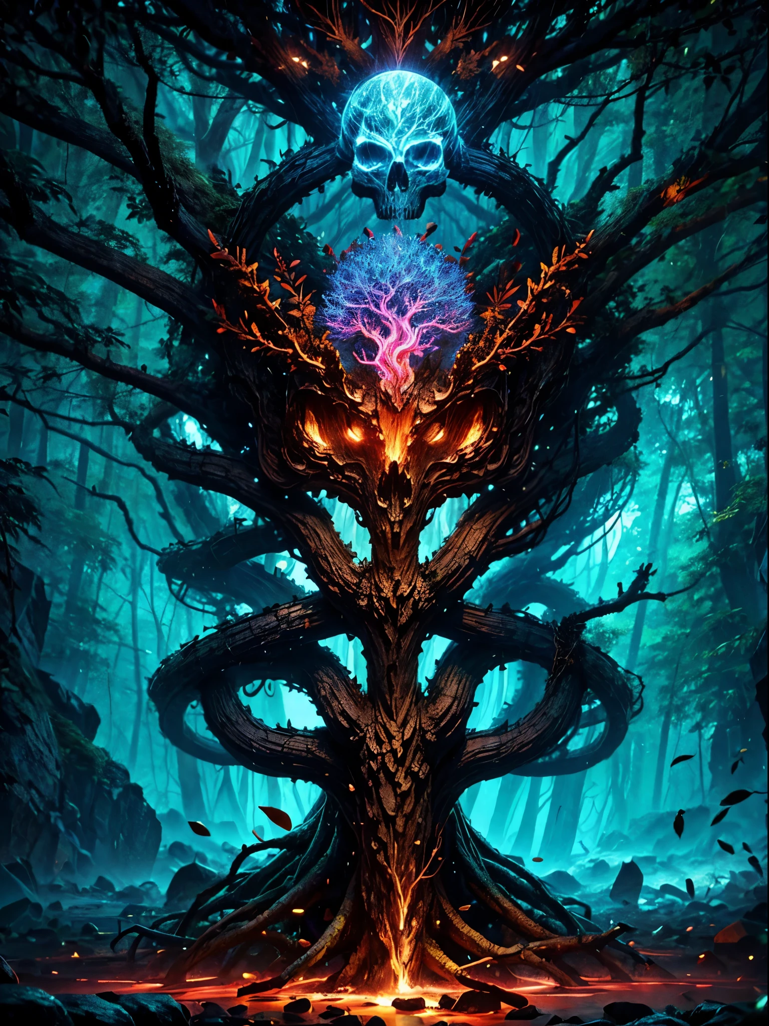 Abstract twisted tree roots with tree roots wrapped around a skull，Above the skull is a weird dripping ground.，，light composition，rainbow，rainbow围绕着头骨，Full of energy，Illustrated circular composition of various structural force effects，alone，GBA portrait，Fantastic decorative elements decoration combination，