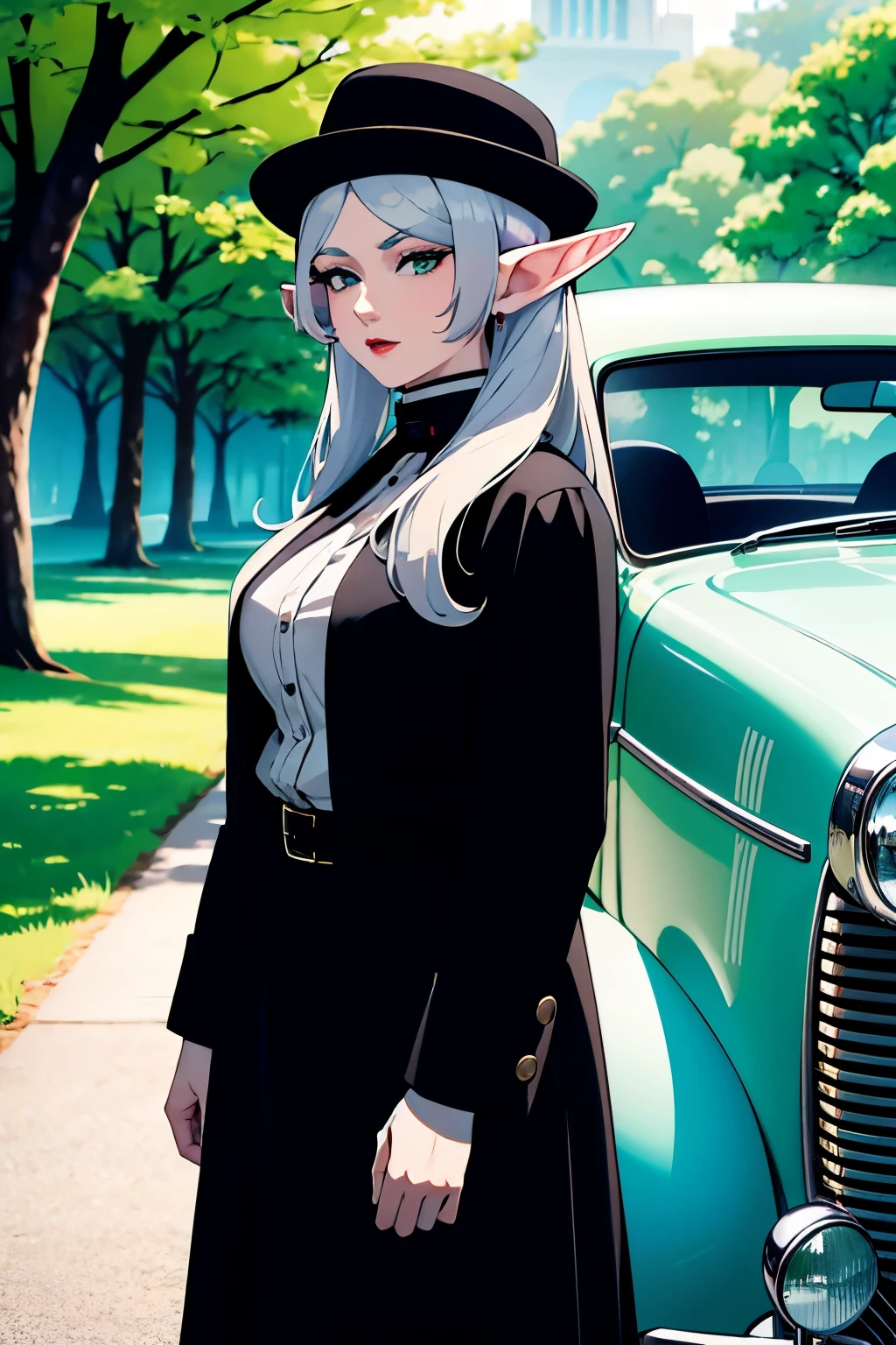 master piece, pale skin, red lips, olhos verdes, sombra, Front photo of a beautiful elf woman with white hair standing on the street, Behind her, um Cadillac Town Sedan de 1928 deixou verde, She wears a mafia suit with the colors red and black, Saia e jaqueta nos ombros em estilo mafioso, She also wears a hat, Suporte de ligadura e calcanhares, corpo muito detalhado, carro detalhado e roupas, Chiaroscuro, Luz natural do dia, altamente detalhado, Ela e o carro focaram na imagem