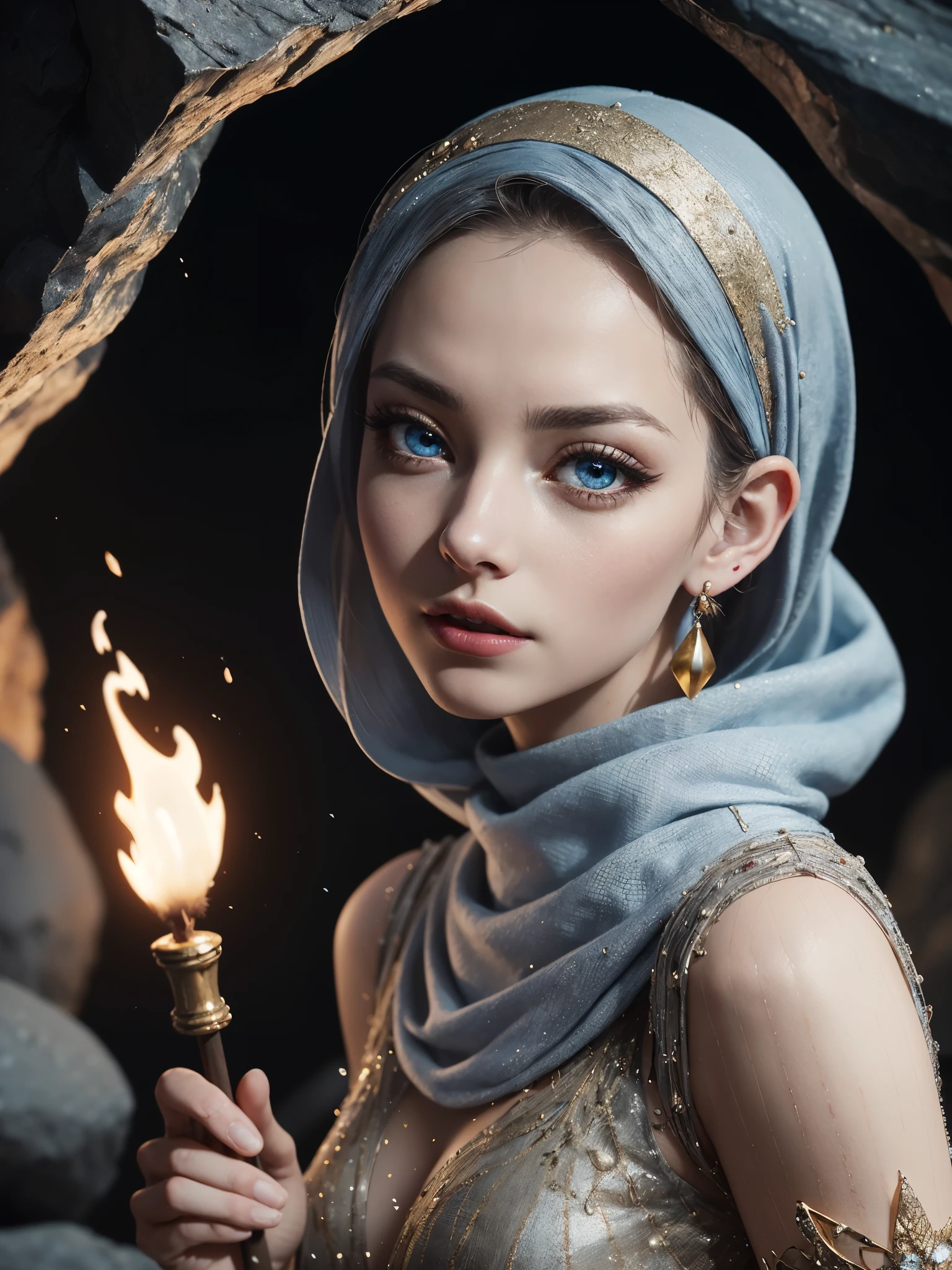 photorealistic, ultra detailed, Portrait of European woman, hazel eyes, blue hijab, silver earrings, jewelry, black large bold eyelines, gold brown bold eyeshadows, huge eyelashes, white turtleneck dress, brown lips, close up, sharp focus,
in the stone cave, sitting on a stone in the cave, tired, dacing little fairy, flying little fairy, fantasy:1.2, bonfire made of stones, christmas,Epic Caves, epic, 8k, high resolution,more detail,