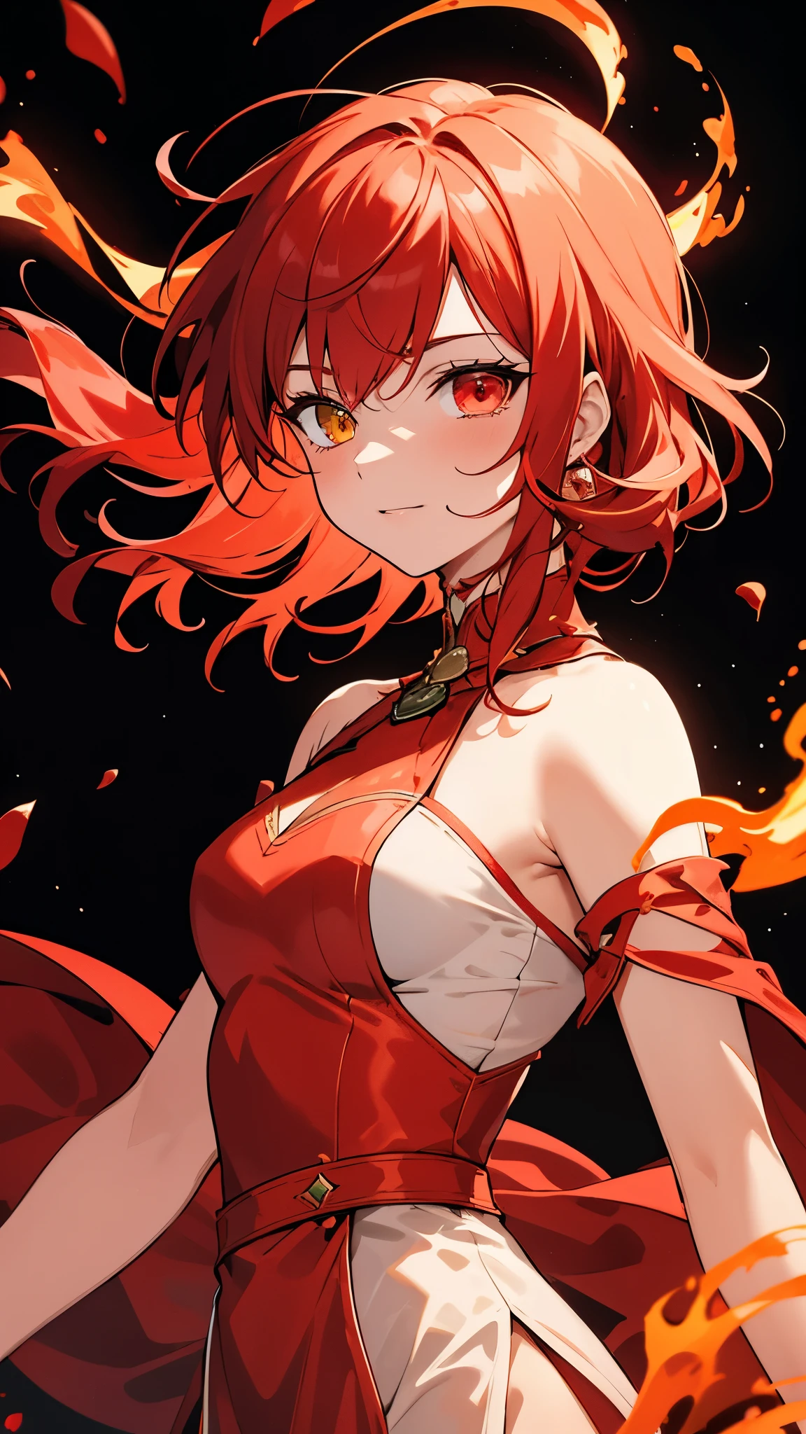 [[[ultra-detailed, best quality, soft skin, beautiful, 4K]]] portrait, red hair, crimson hair, medium hair, medieval long dress, walking, fire mage, fire dress, casting a fire spell, dress made of fire, heterochromia eyes, sinister, snicker, burned hands, sorceress, black background