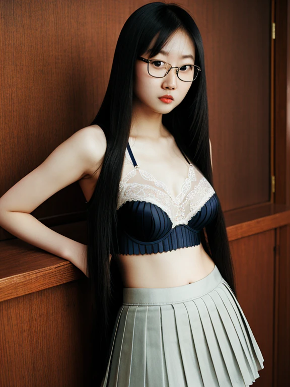 asian, glasses, sexy bra, frown, sexy pleated skirt, long straight hair, long legs,