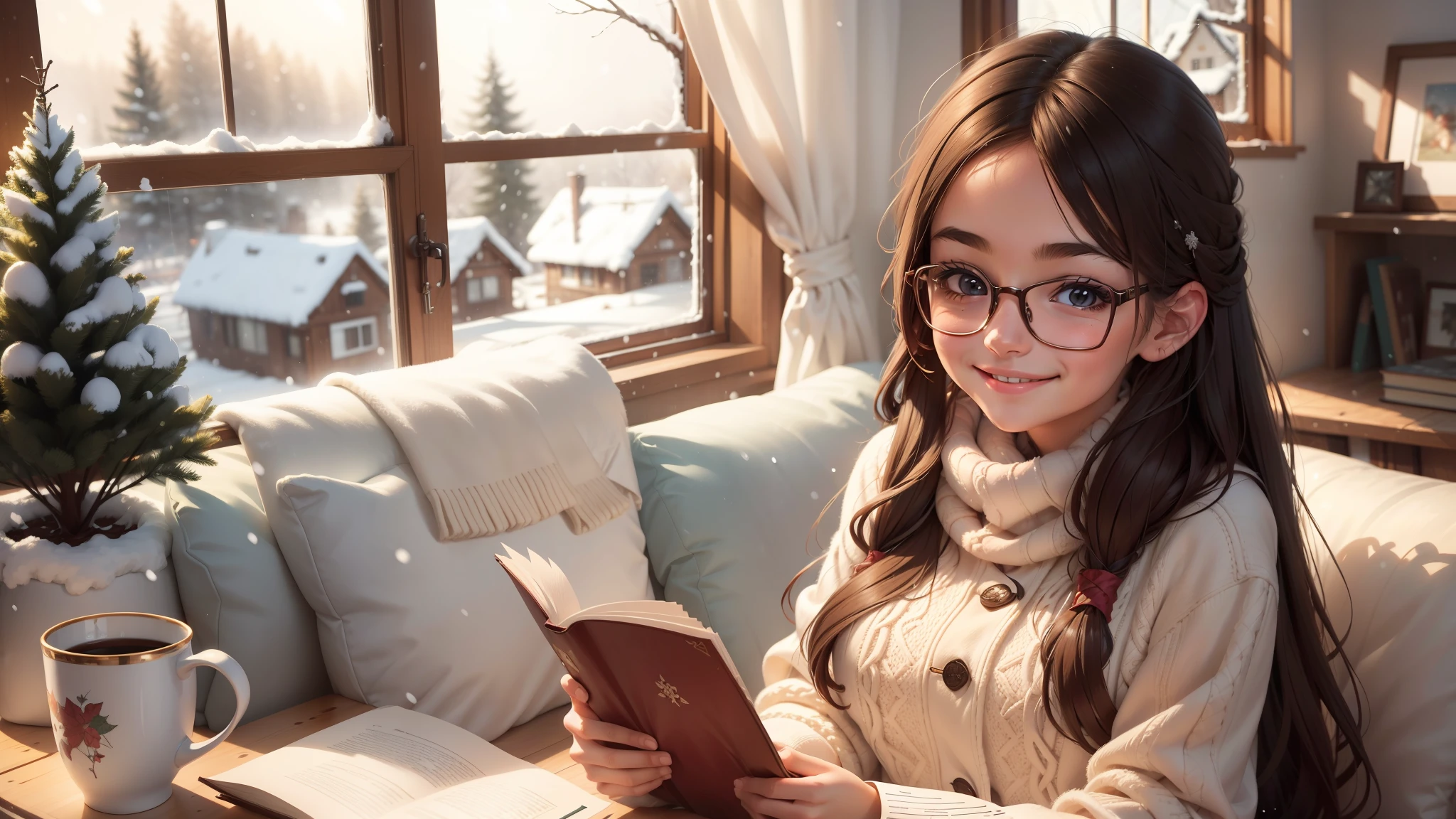 a girl with long hair，smiling，Quiet and pretty，wearing glasses，holding book in hand，wearing winter clothes，in a warm interior，Windows in the background，It&#39;s snowing outside the window